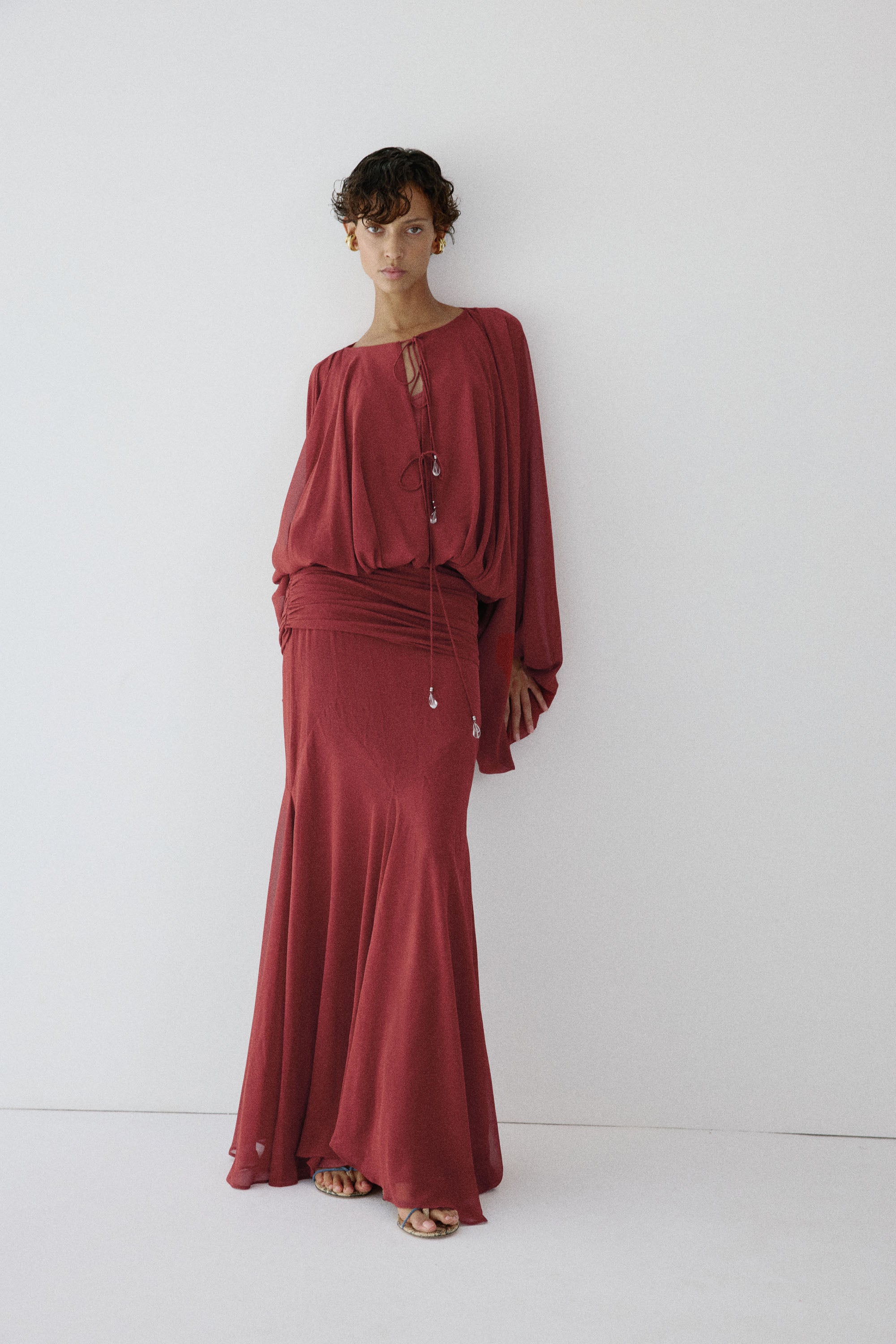 EULALIA MAXI DRESS IN BURNT RED CHIFFON