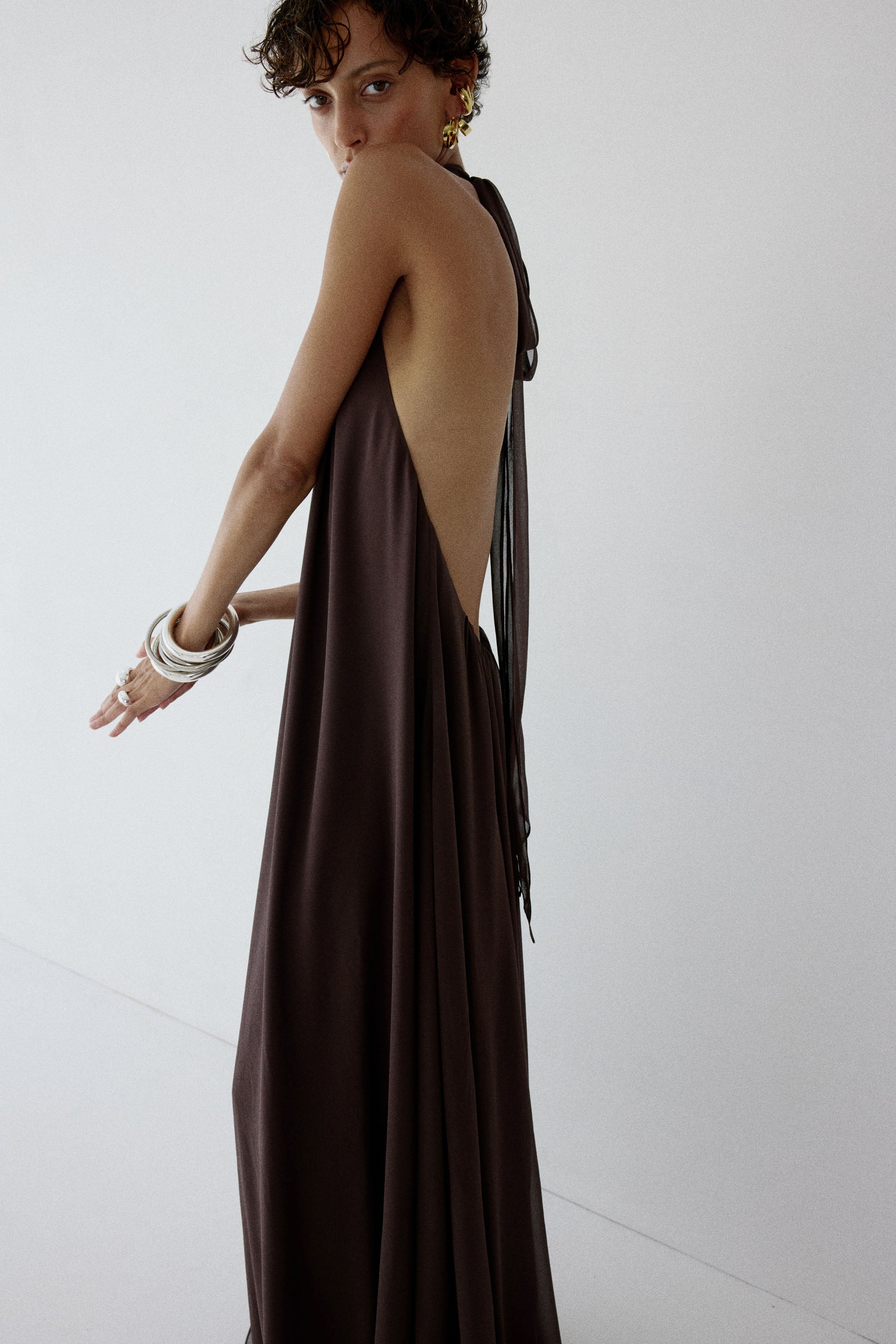 ADELA MAXI DRESS IN UMBER BROWN CHIFFON