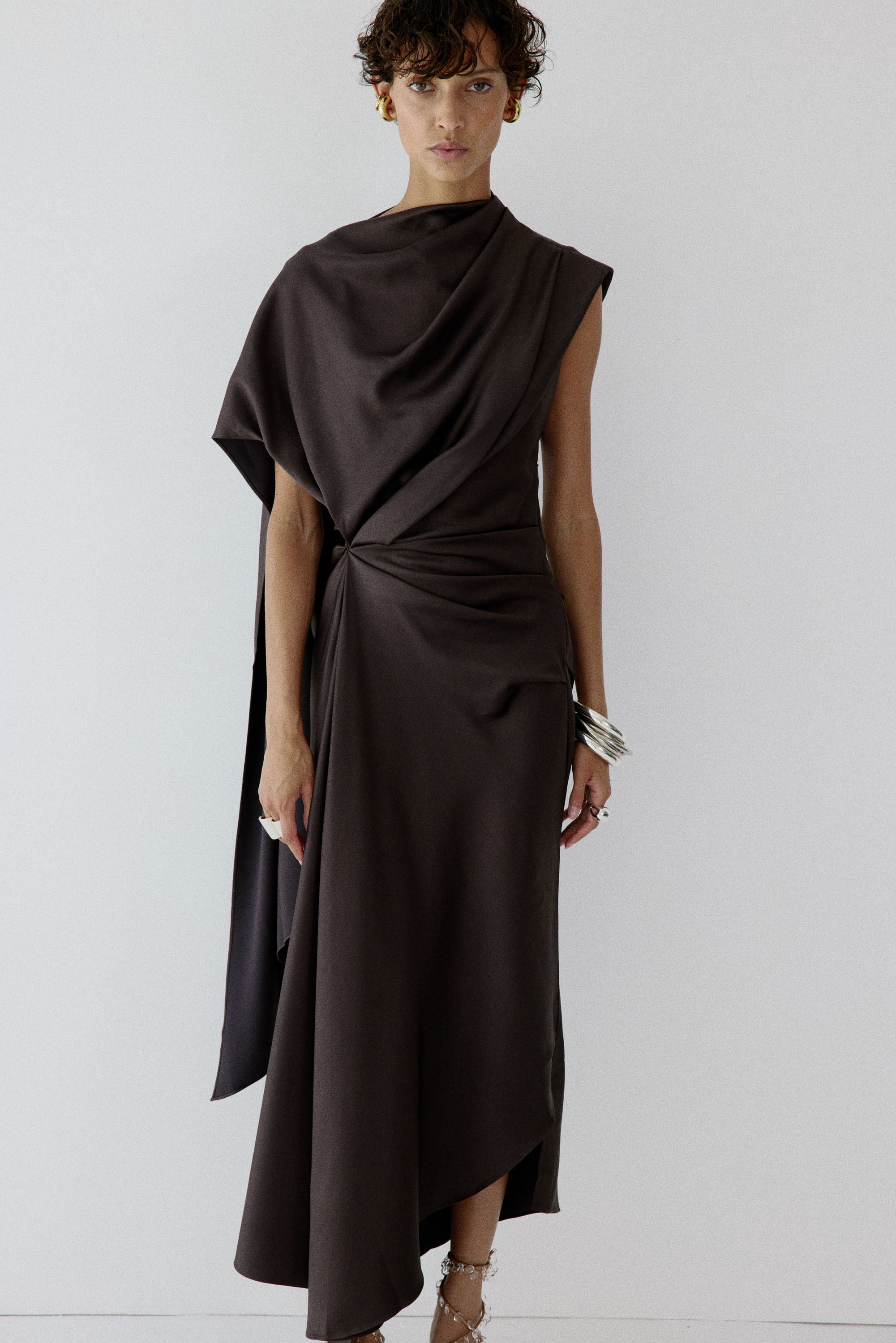 LUNESSA MIDI DRESS IN UMBER BROWN SATIN BACK CREPE