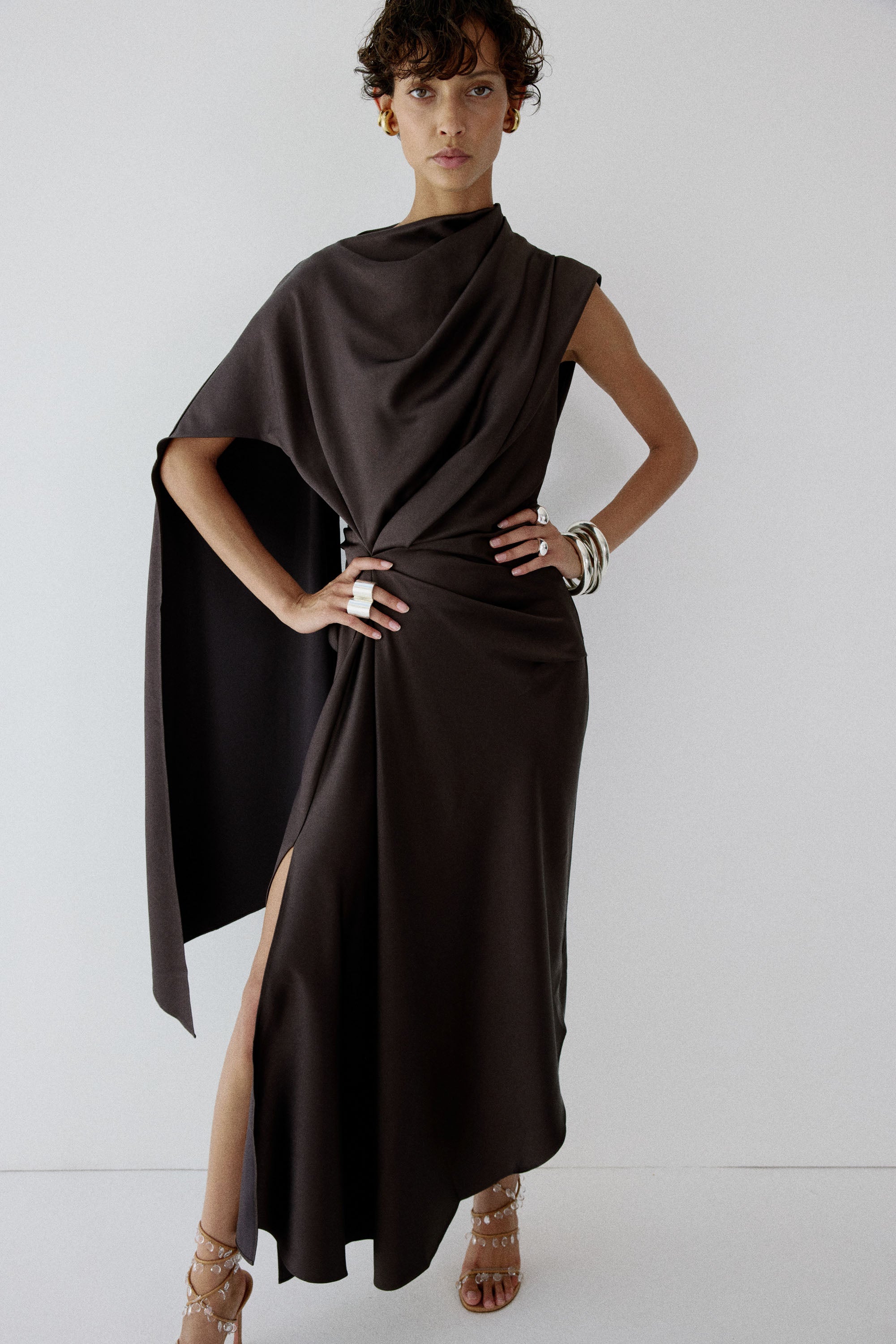 LUNESSA MIDI DRESS IN UMBER BROWN SATIN BACK CREPE
