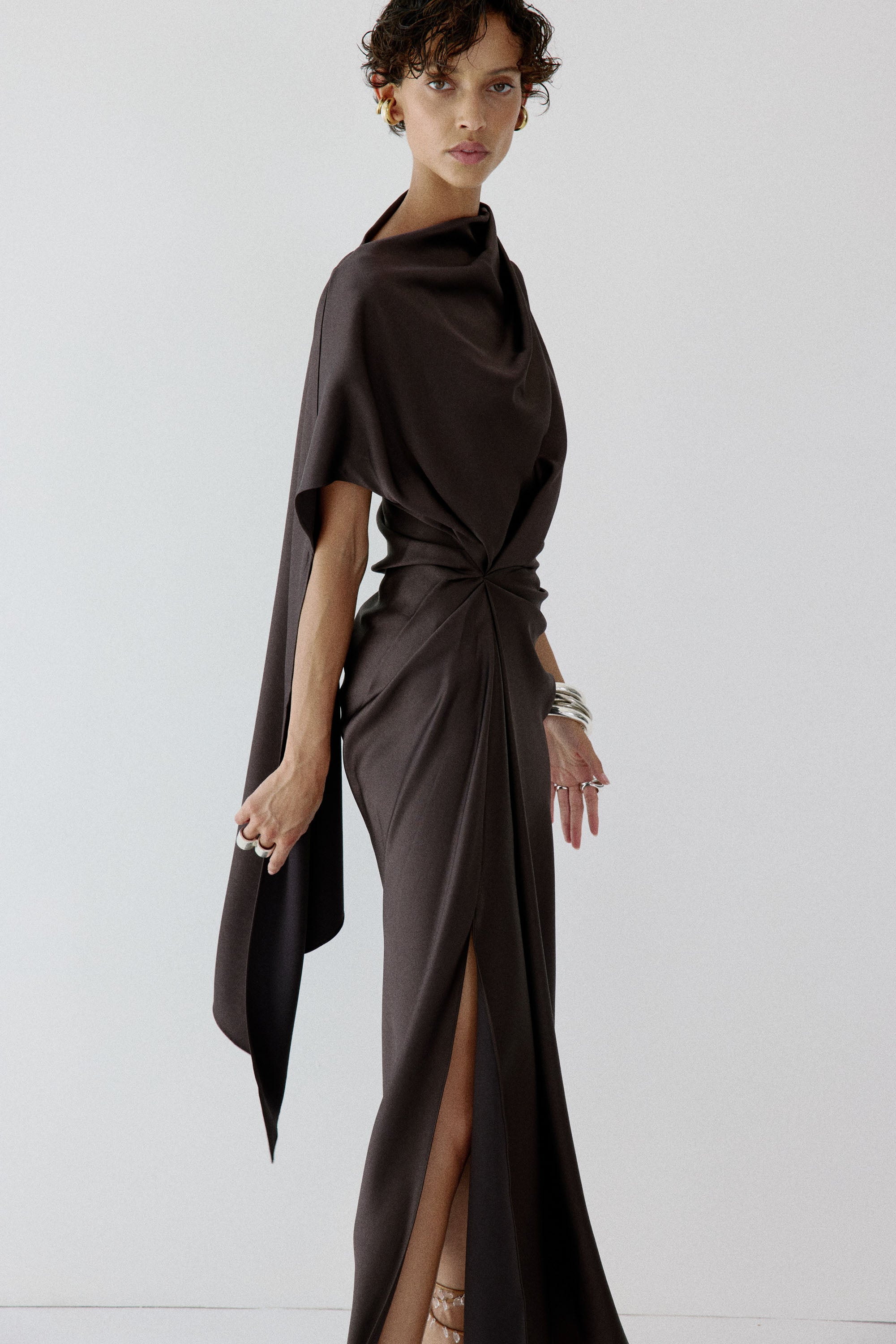LUNESSA MIDI DRESS IN UMBER BROWN SATIN BACK CREPE