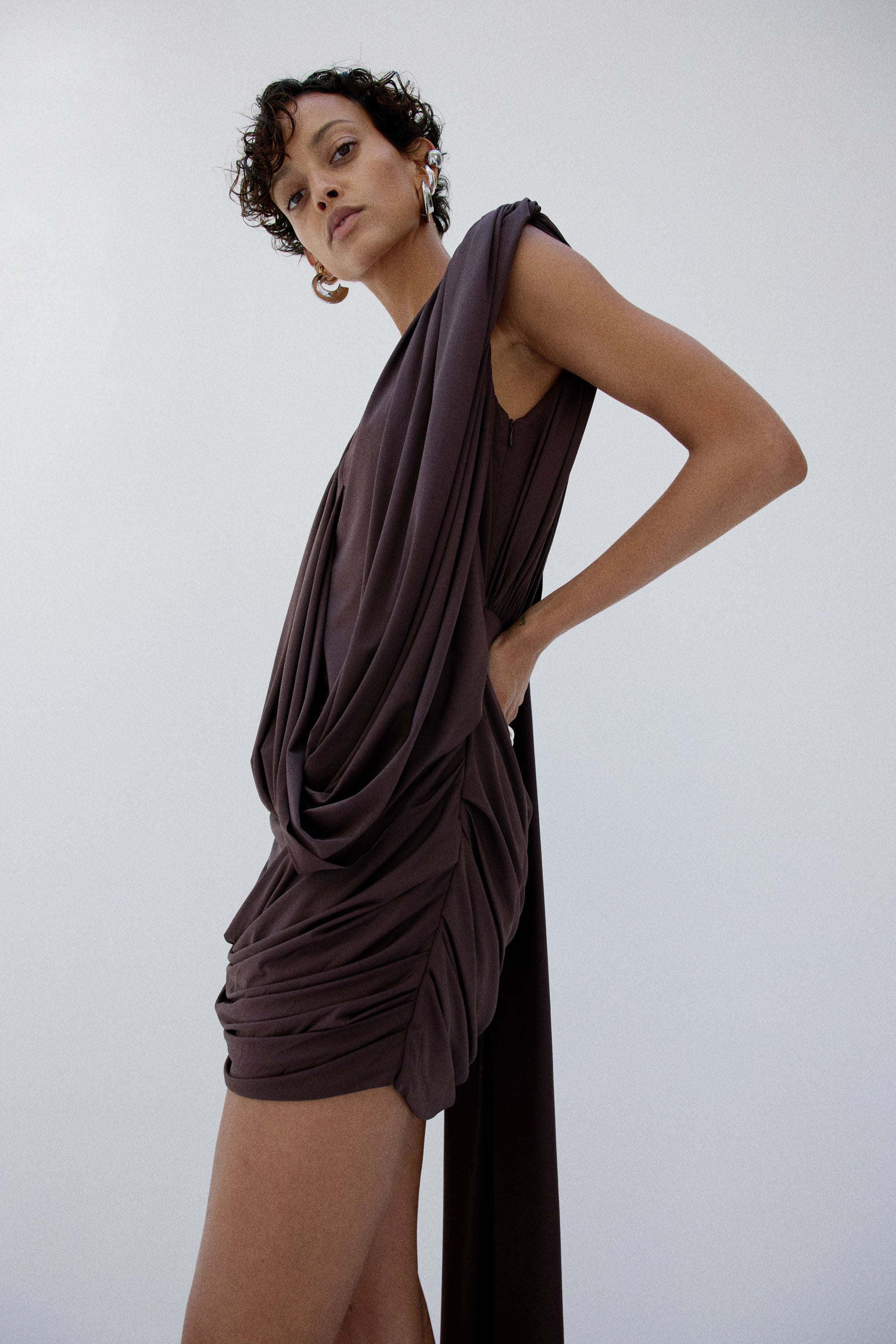 ALMA MINI DRESS IN UMBER BROWN SPANDEX JEREY