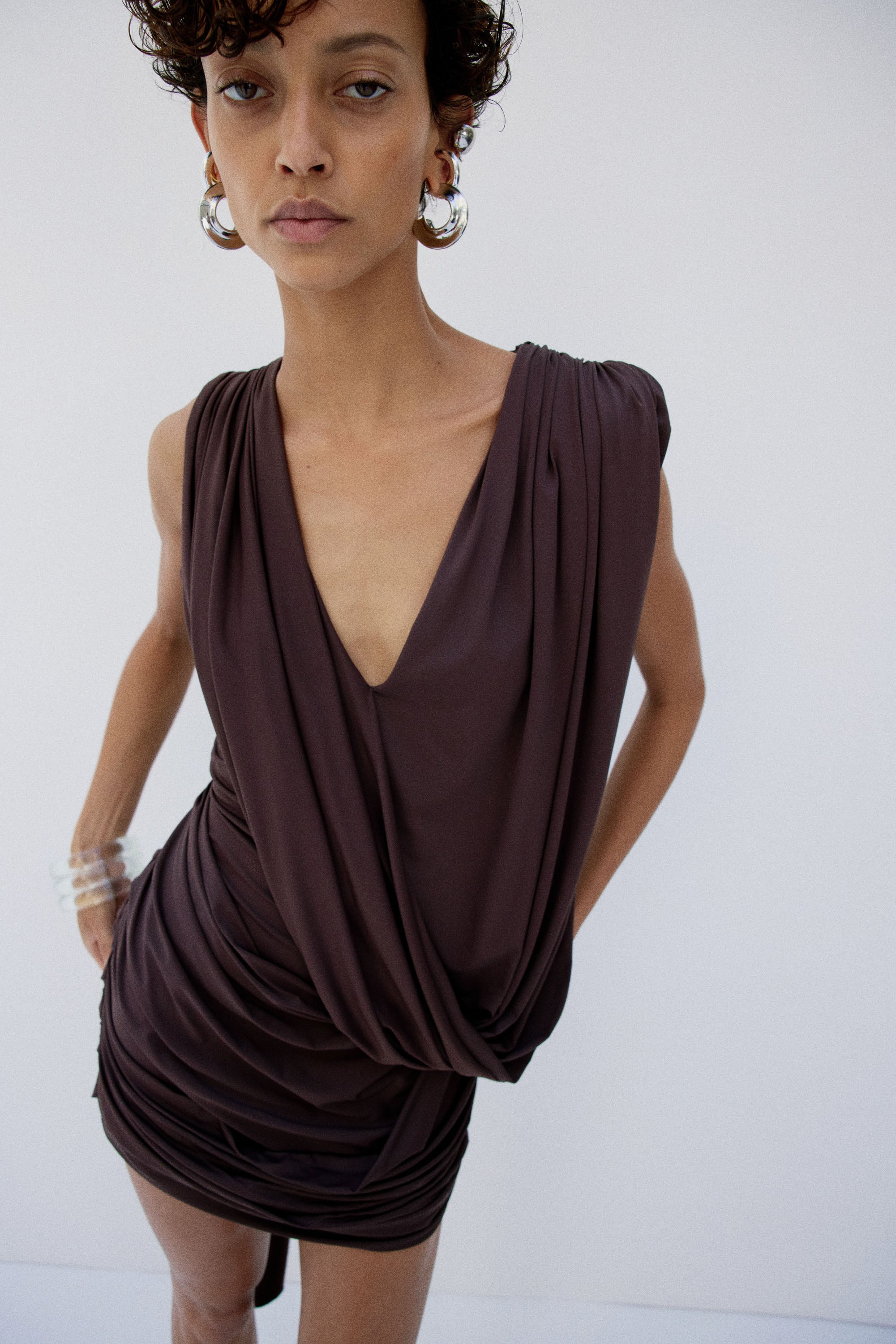 ALMA MINI DRESS IN UMBER BROWN SPANDEX JEREY