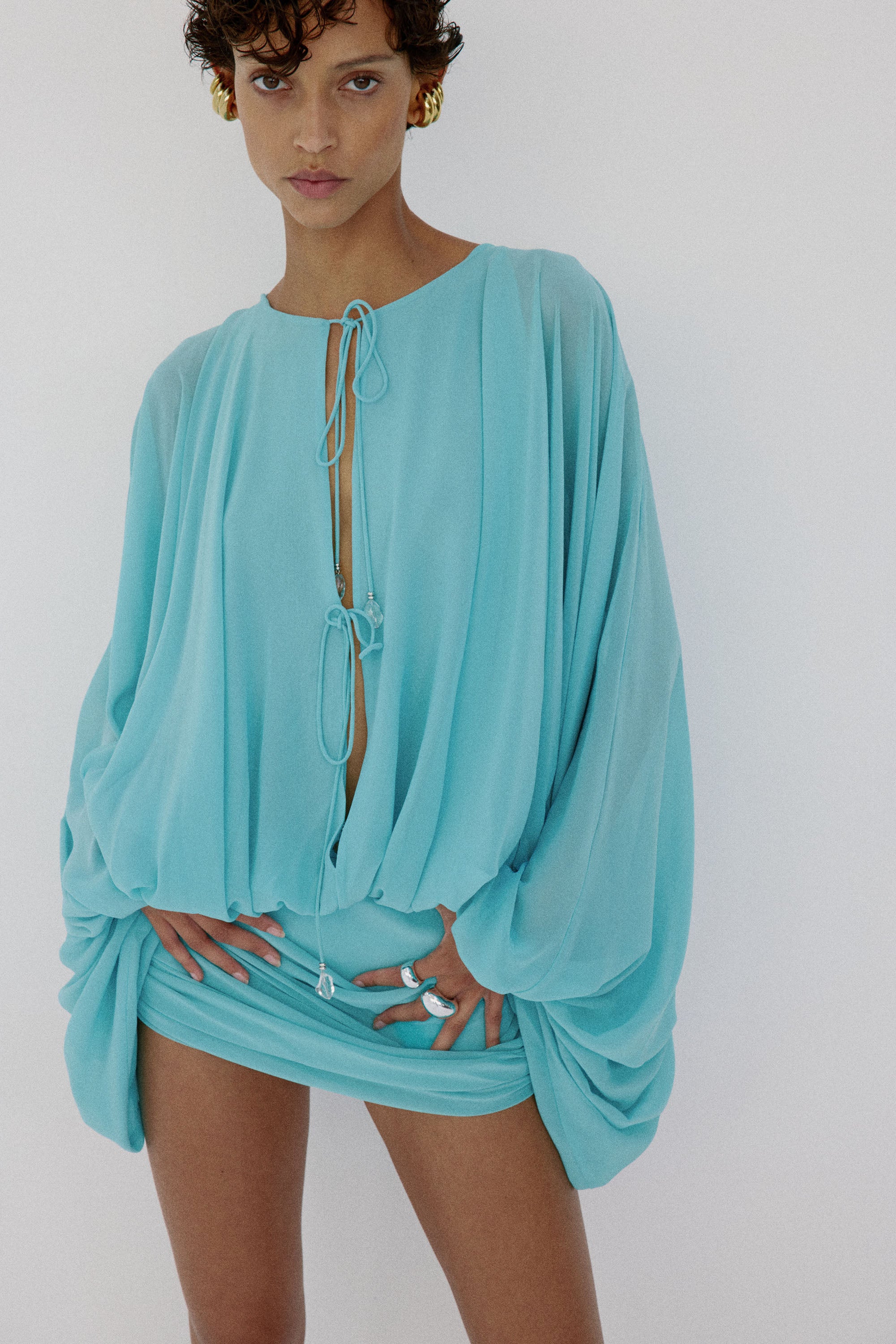 EULALIA DRESS IN AQUA BLUE CHIFFON