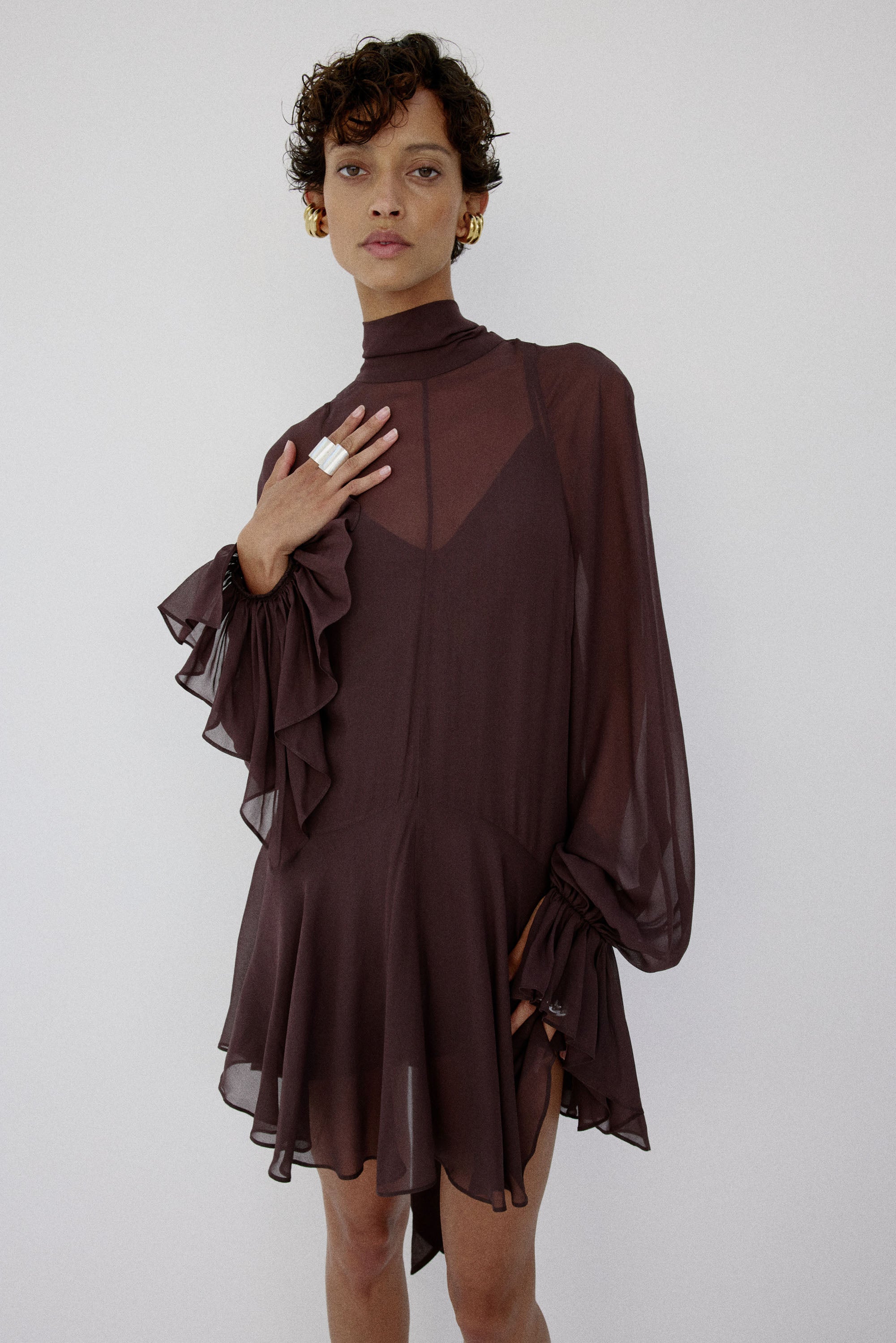 CASIMIRO MINI DRESS IN UMBER BROWN VISCOSE GEORGETTE