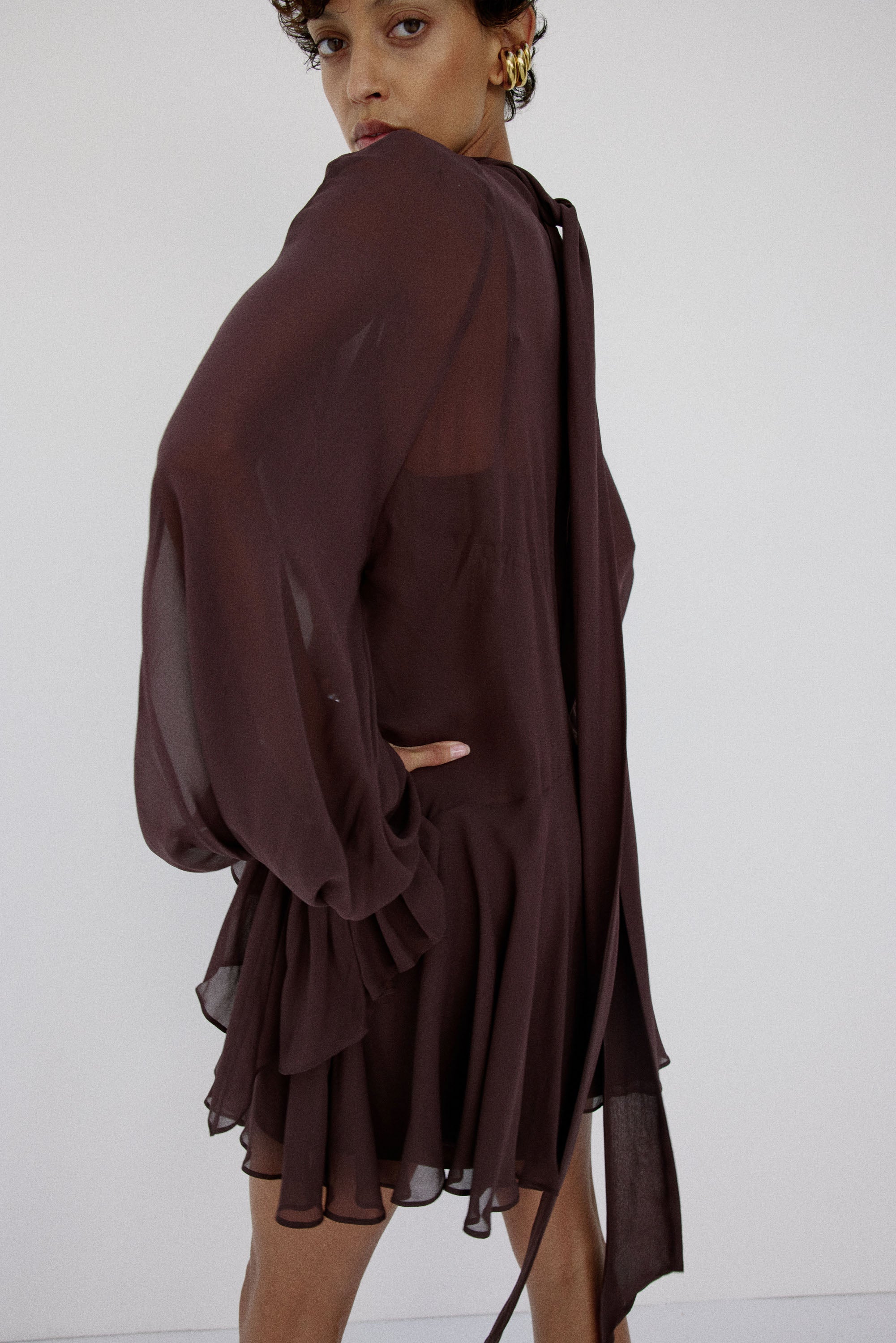 CASIMIRO MINI DRESS IN UMBER BROWN VISCOSE GEORGETTE