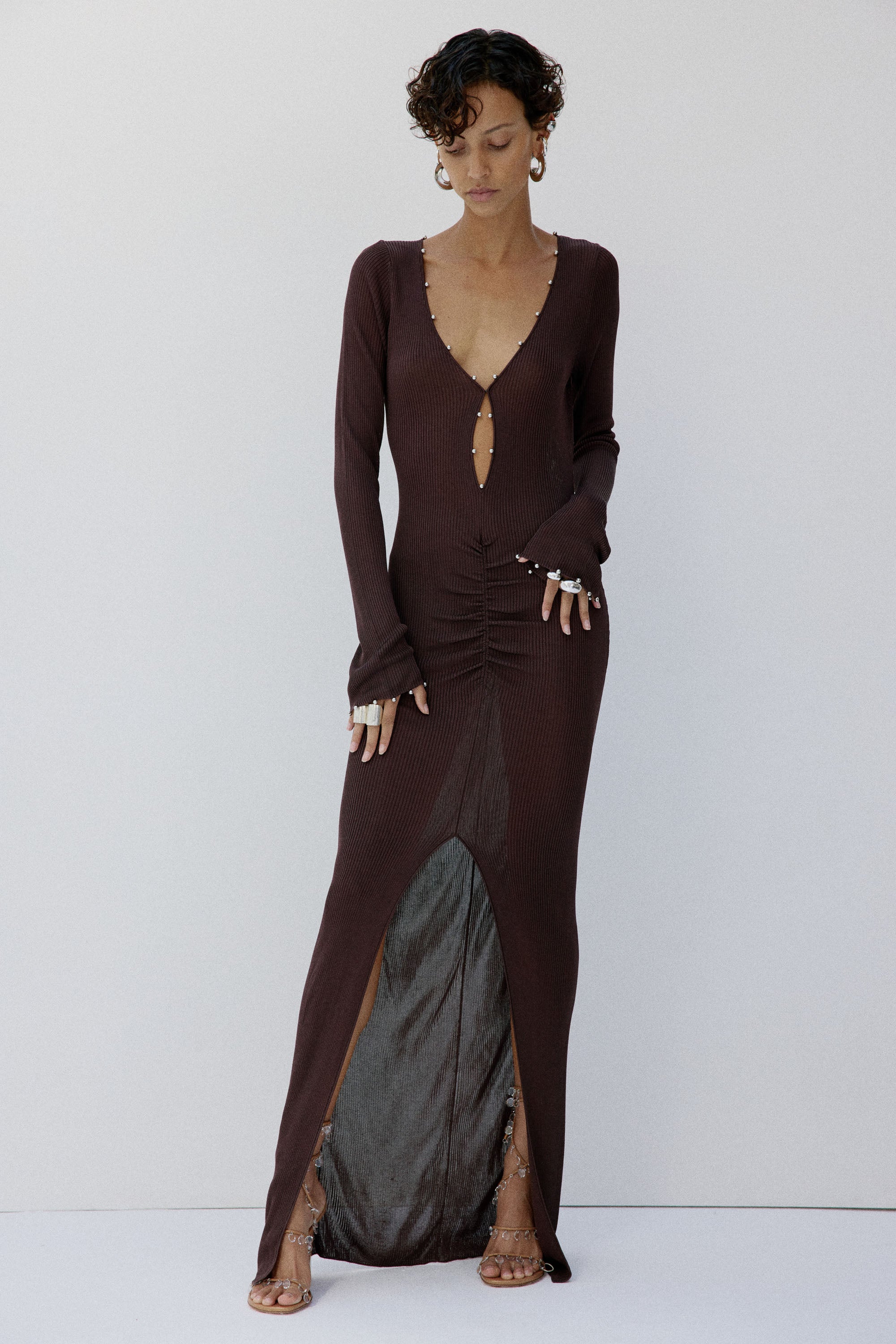 ELISIA MAXI DRESS IN UMBER BROWN SLINKY KNIT