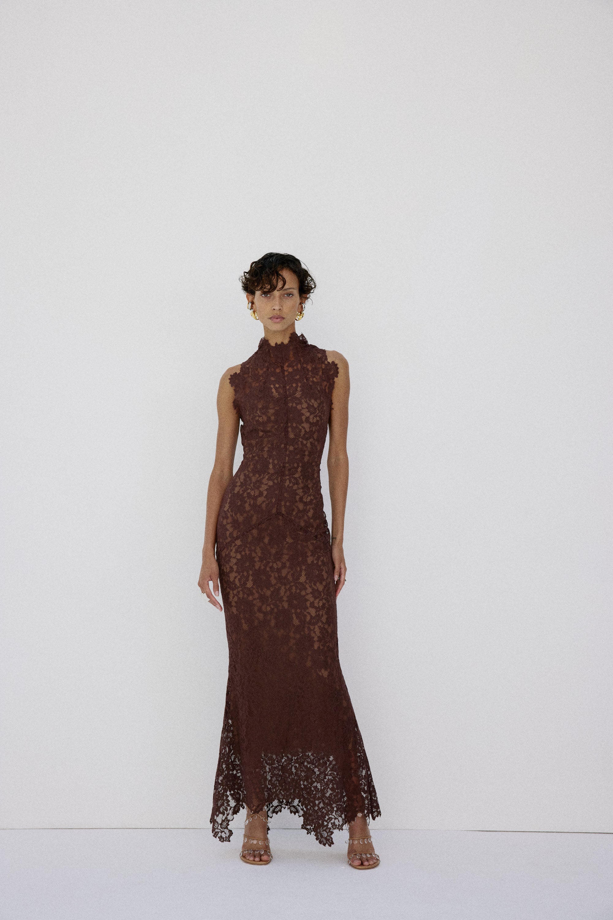 AINHOA MIDAXI DRESS IN BROWN LACE