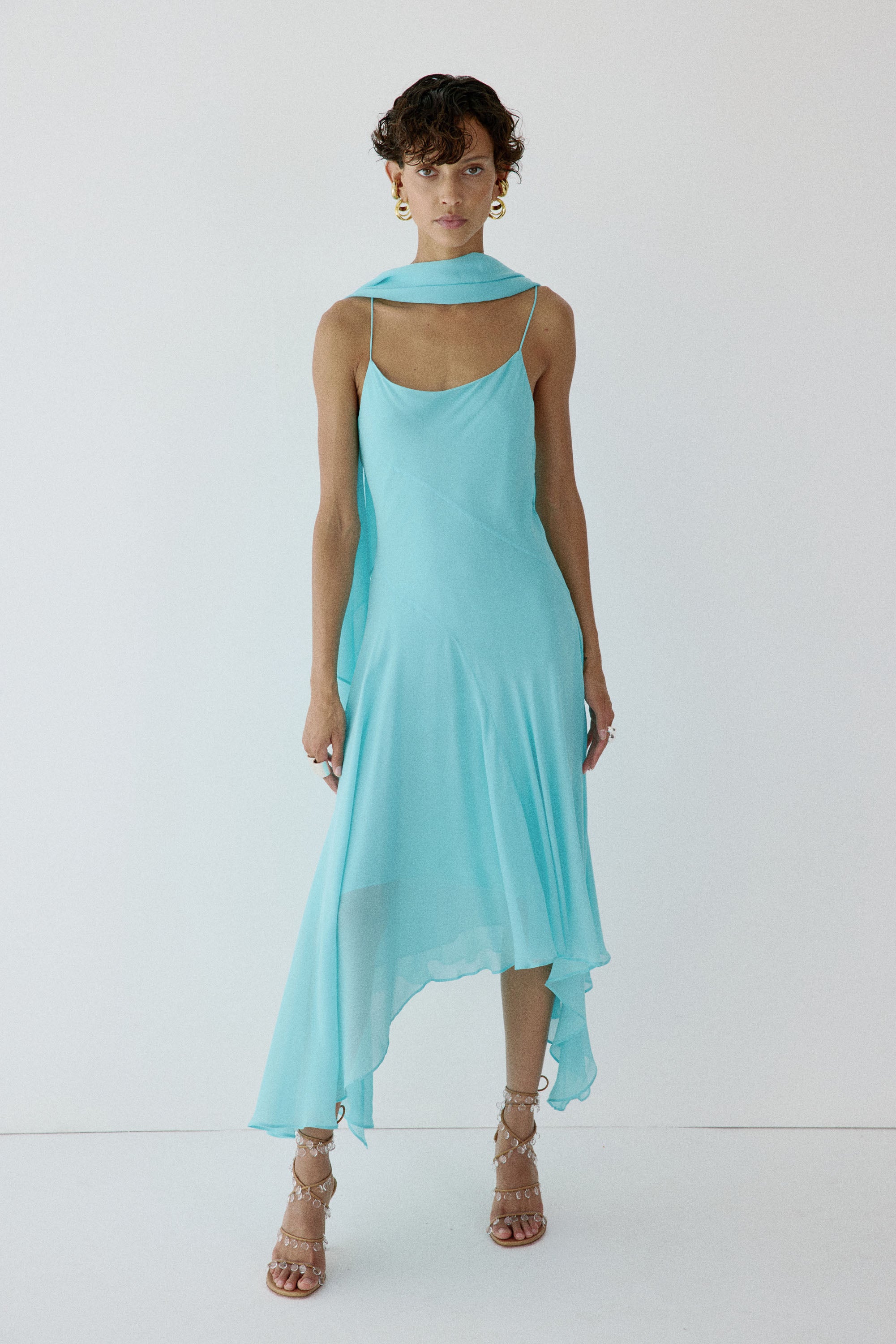 KOMI MIDI DRESS IN AQUA BLUE VISCOSE GEORGETTE