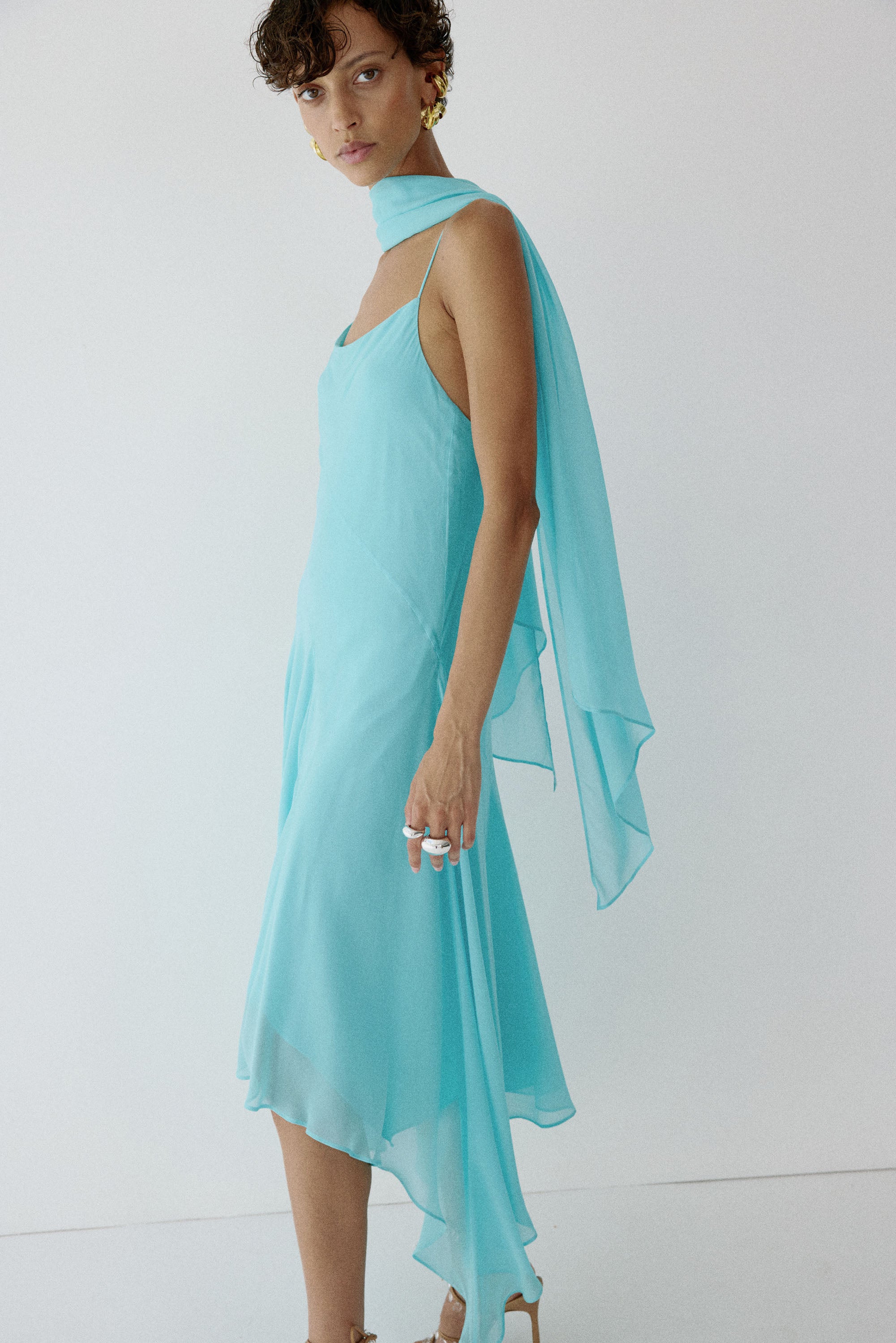 KOMI MIDI DRESS IN AQUA BLUE VISCOSE GEORGETTE