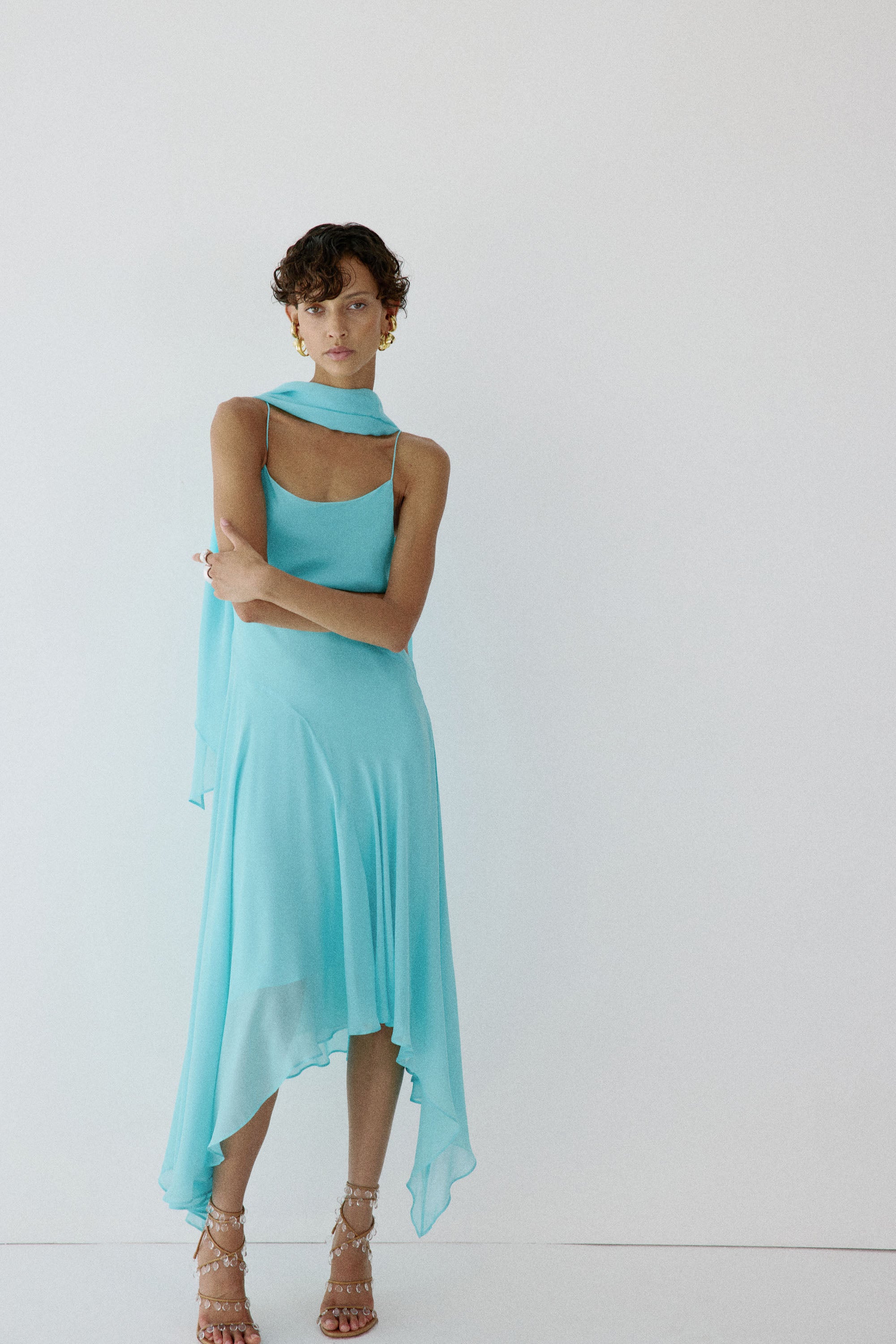 KOMI MIDI DRESS IN AQUA BLUE VISCOSE GEORGETTE