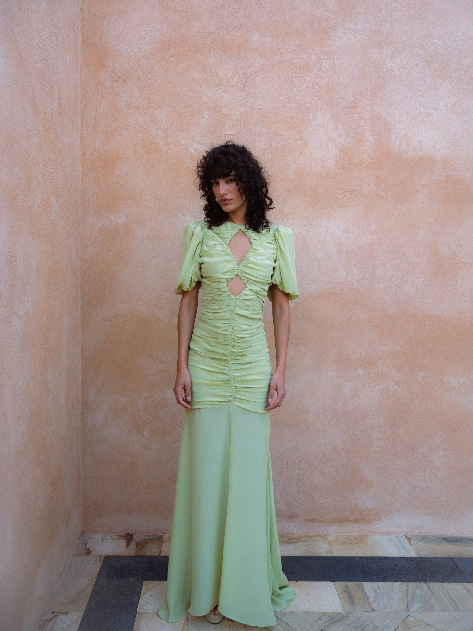 OLYMPIA MAXI DRESS IN PISTACHIO CREPE - De La Vali