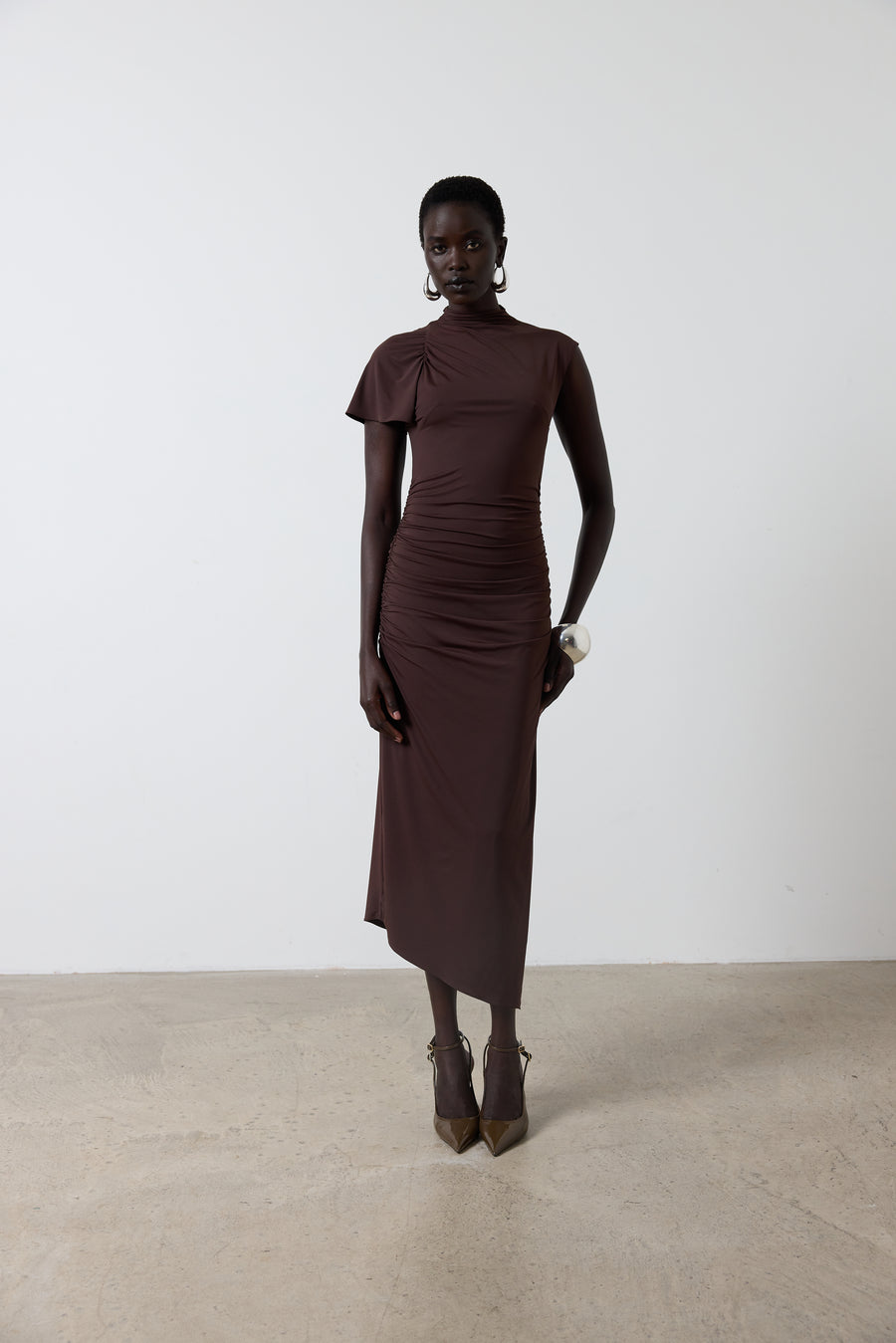 GALLARDO MIDI DRESS IN CHOCOLATE BROWN JERSEY