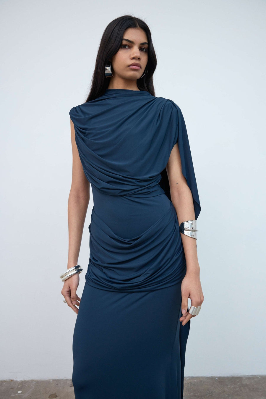 Elara Maxi Dress in Midnight Spandex Jersey - De La Vali DE LA VALI OFFICIAL Elara Maxi Dress in Midnight Spandex Jersey - De La Vali DE LA VALI OFFICIAL