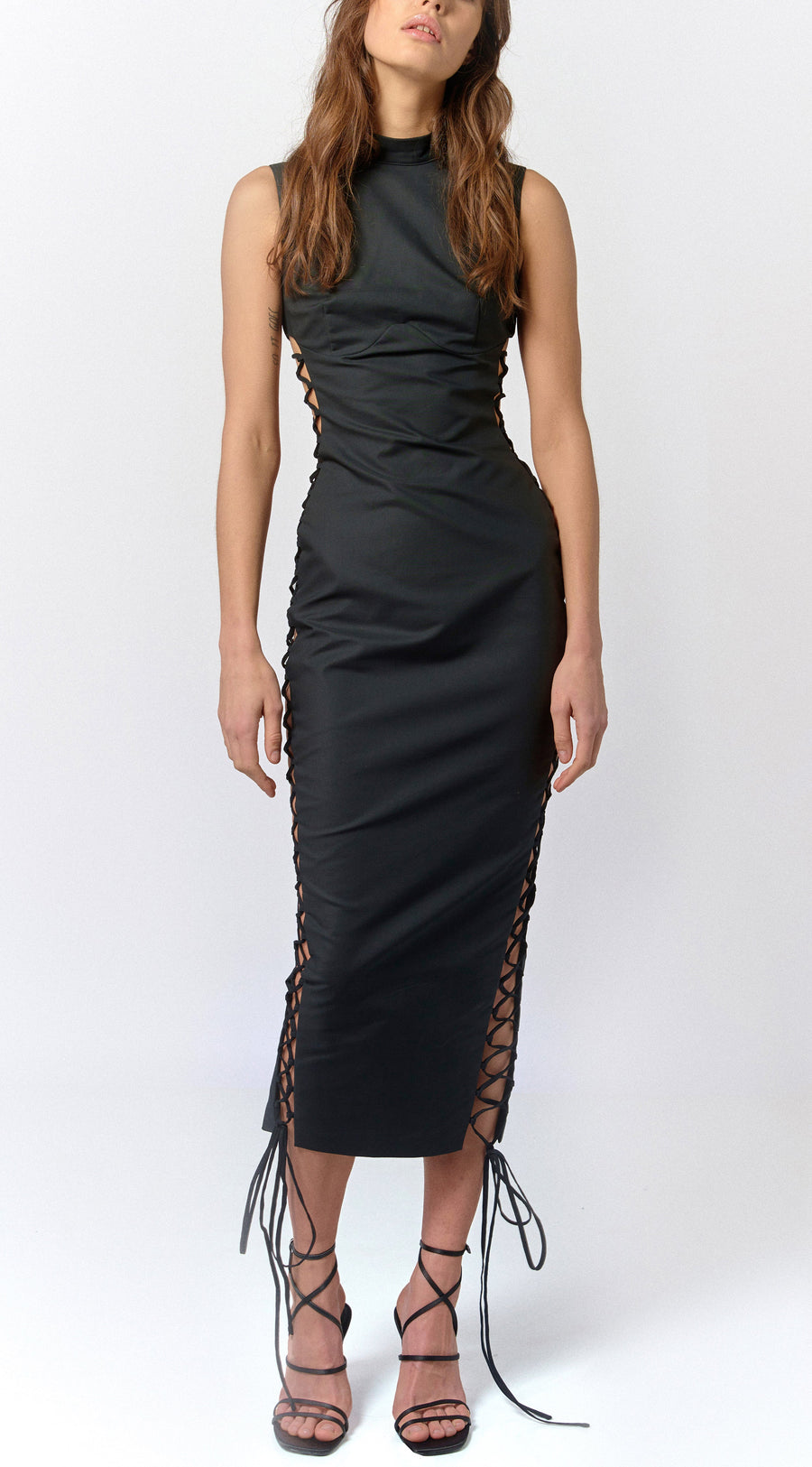 Elena Midi Dress in Black Cotton - De La Vali