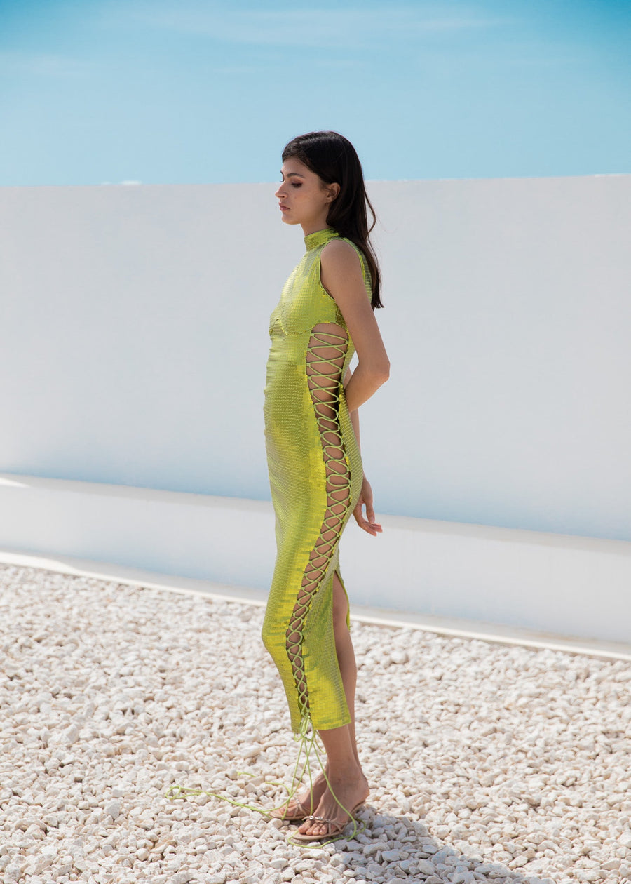 Elena Sequin Midi Dress in Green