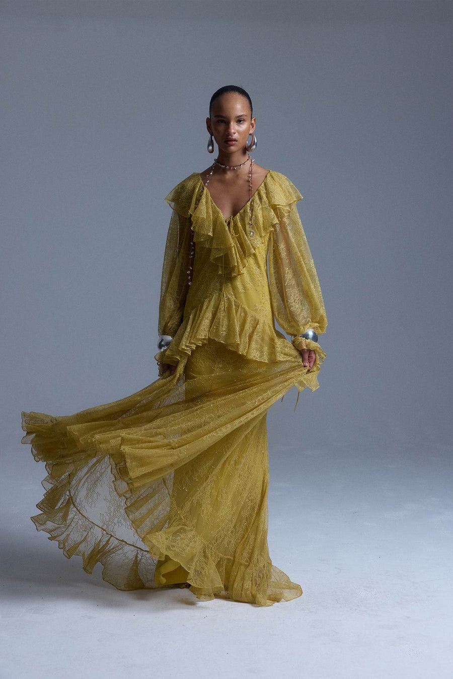 de la vali gold dress Esen Maxi in Yellow Lace size:L/UK14 NTS 8/2/26 Skinny rouleau straps Balmain-Vichy Knit Dress White/Black-Dresses