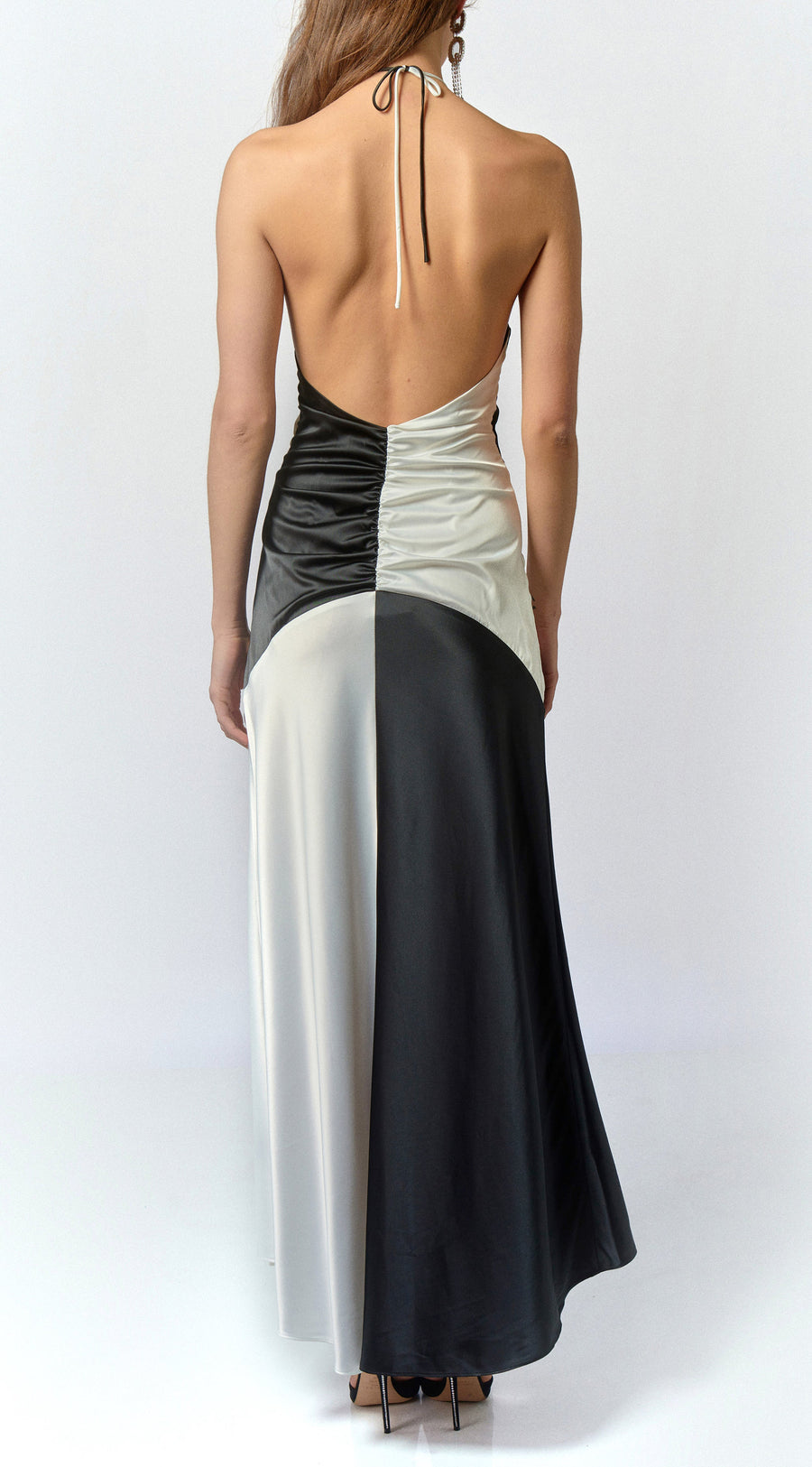 Freya Maxi Dress in Black & White Satin - De La Vali