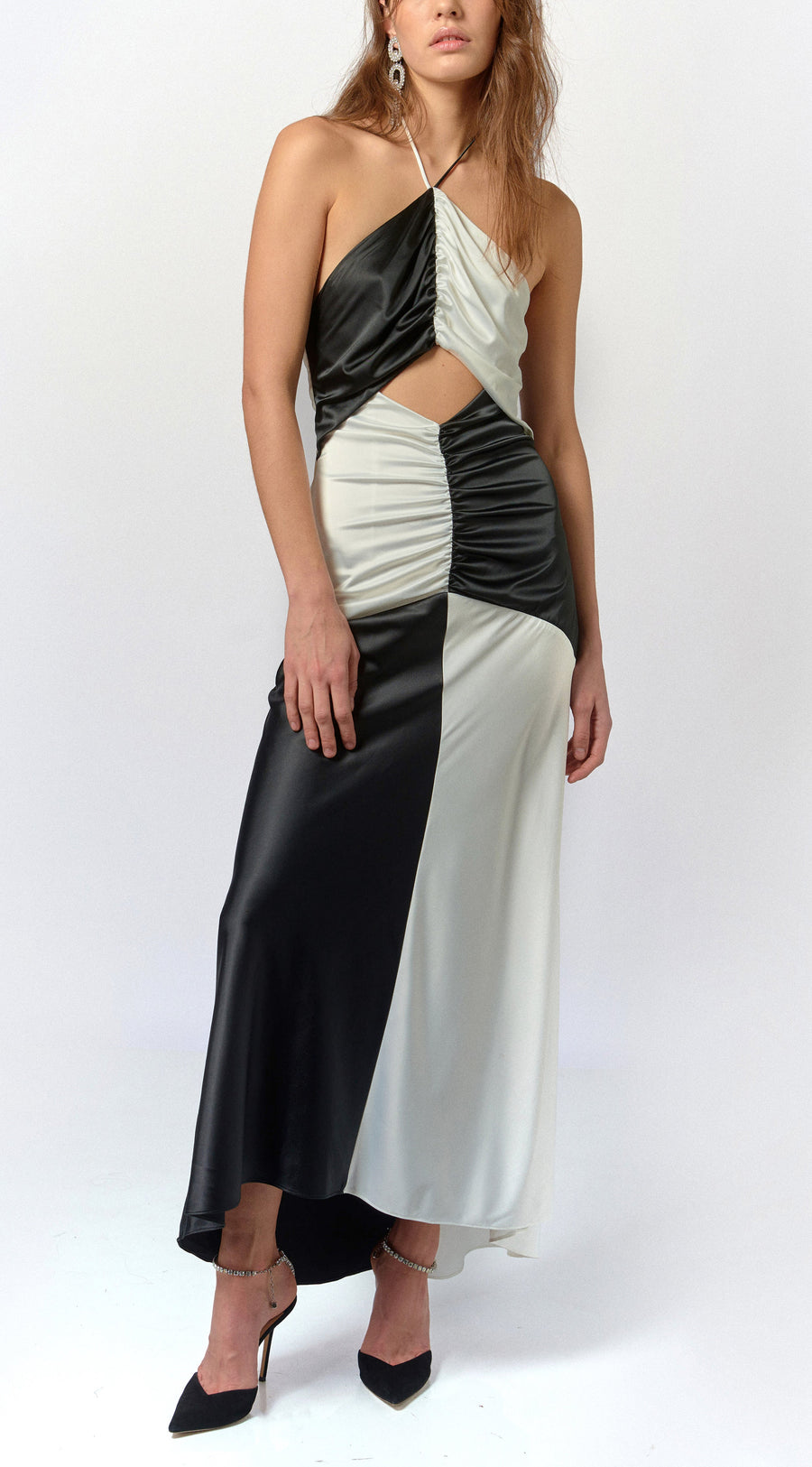 Freya Maxi Dress in Black & White Satin - De La Vali