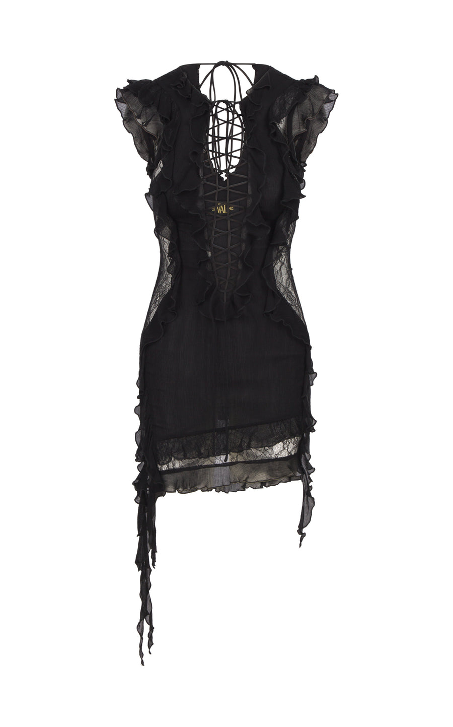 Goliath Lace Insert Mini Dress in Black Chiffon