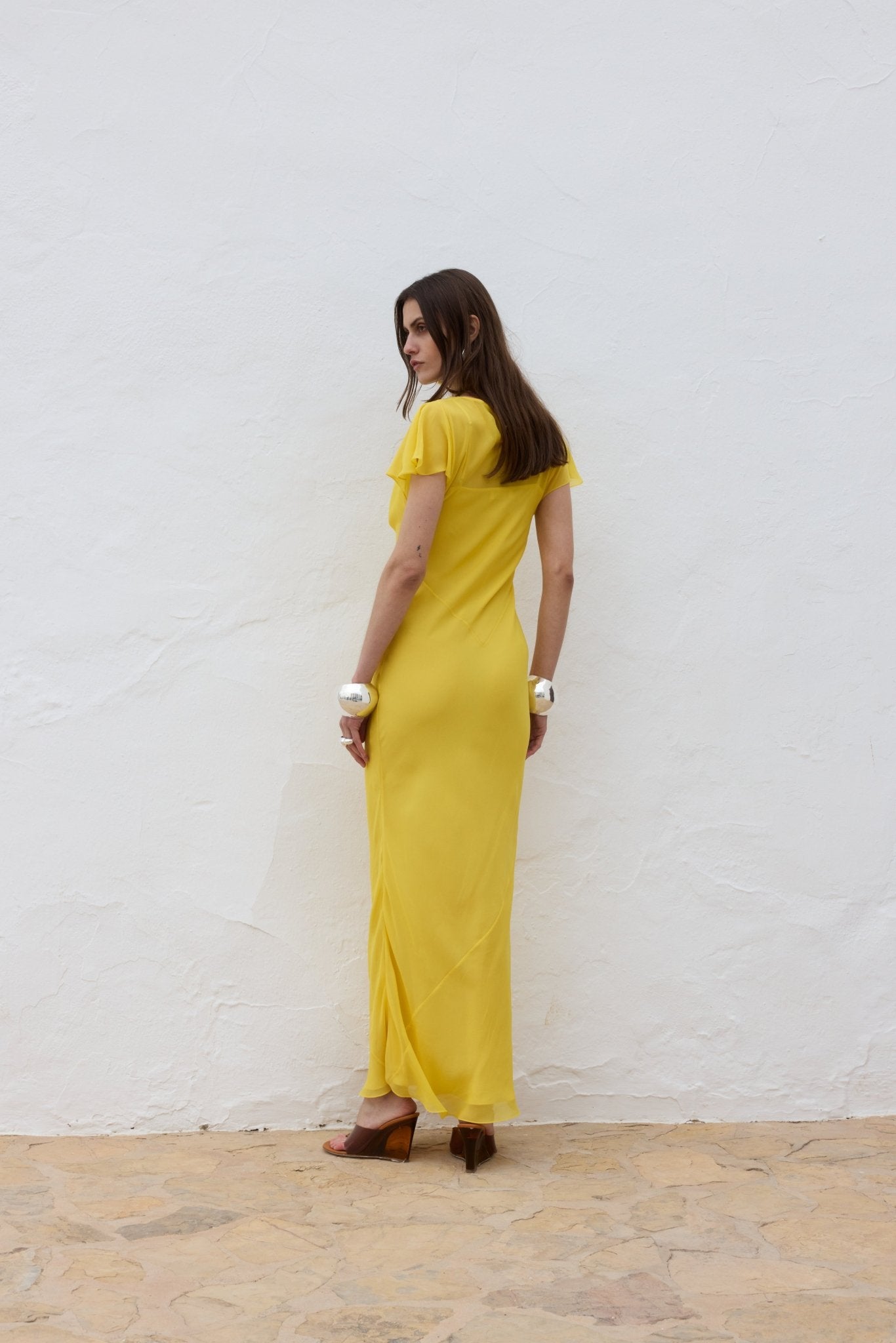 PAREO MAXI DRESS SILK CHIFFON SUN YELLOW - De La Vali