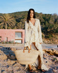 CLEMENTINA MAXI DRESS IN ANTIQUE YELLOW NYLON LACE - De La Vali