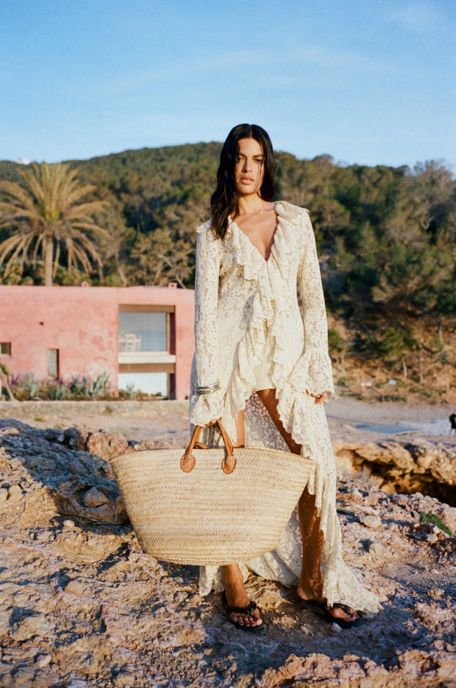 CLEMENTINA MAXI DRESS IN ANTIQUE YELLOW NYLON LACE | DE LA VALI
