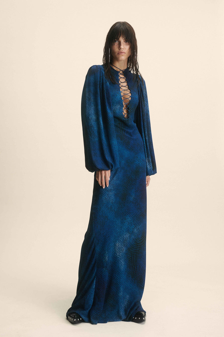 INDOCHINE MAXI DRESS IN BASILISK BLUE CHIFFON