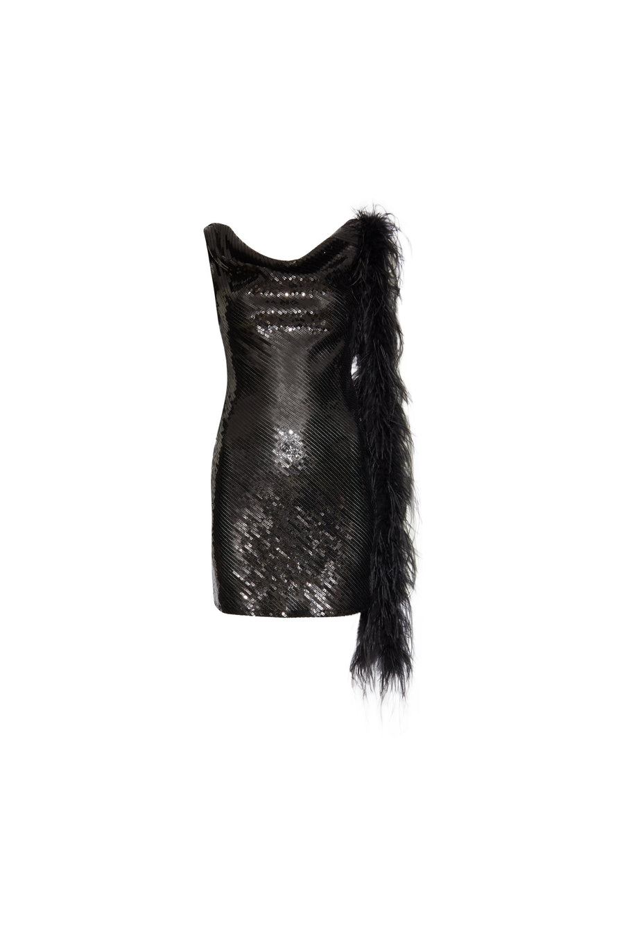 RADIO MINI DRESS IN BLACK SEQUIN/FEATHER