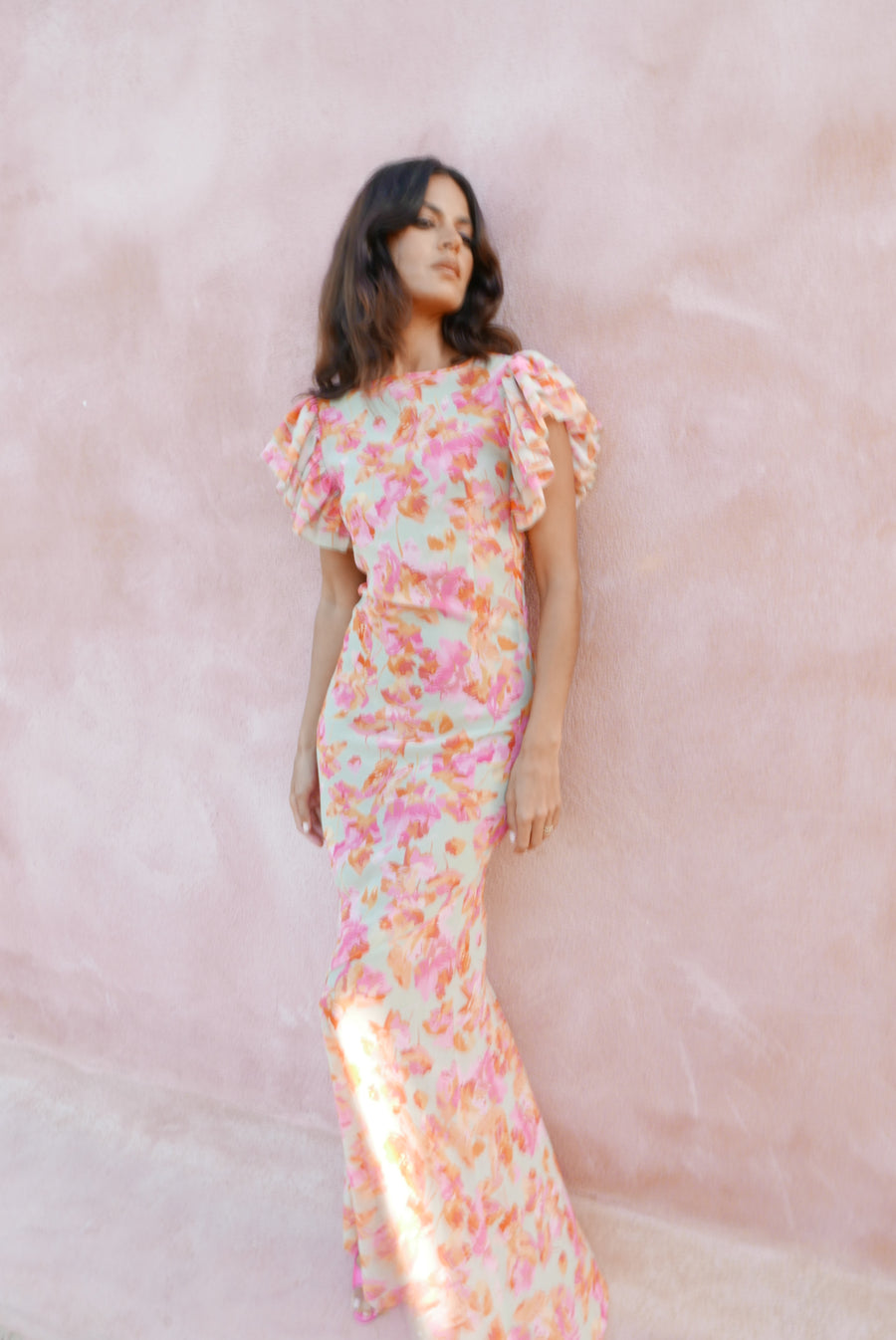 BOUGAINVILLEA CHIFFON MAXI DRESS IN SAGE FLORAL