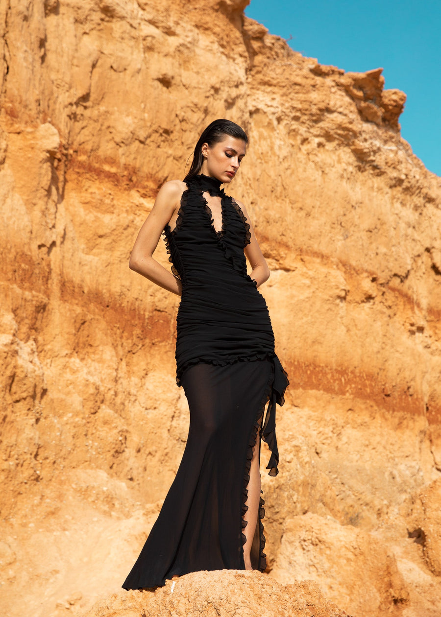 Lilith Ruched Maxi Dress in Black Chiffon - De La Vali