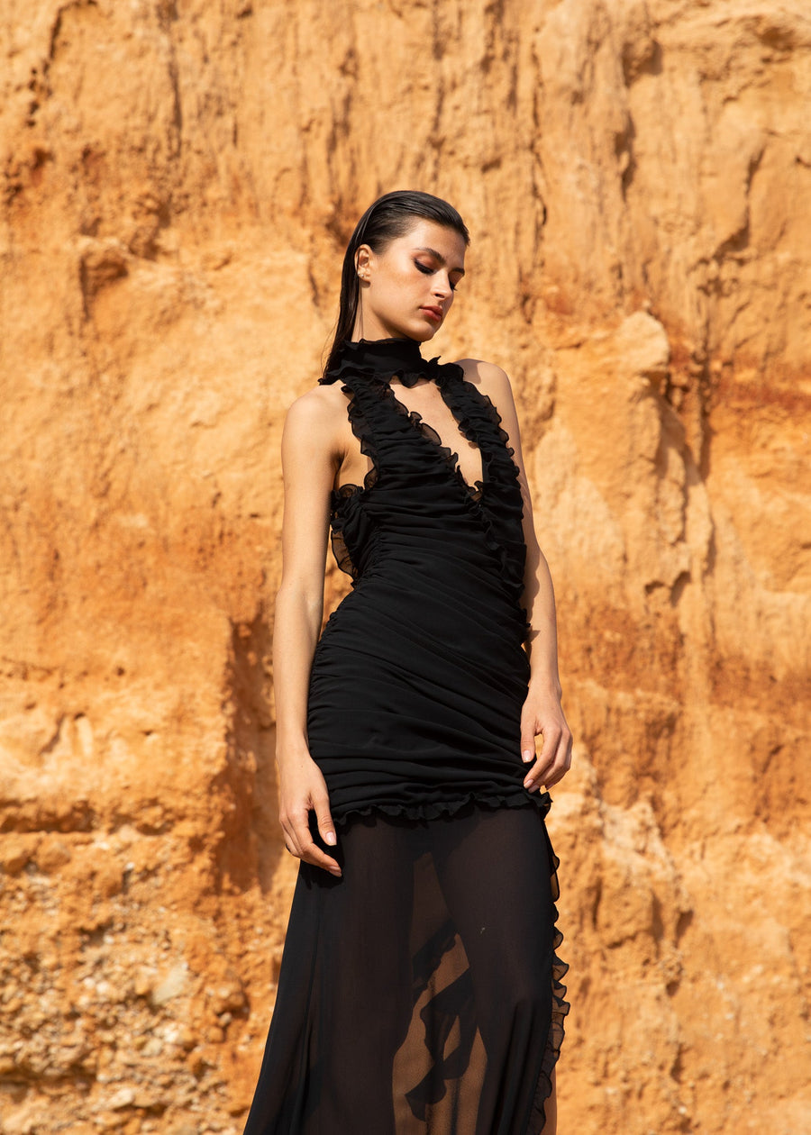 Lilith Ruched Maxi Dress in Black Chiffon - De La Vali