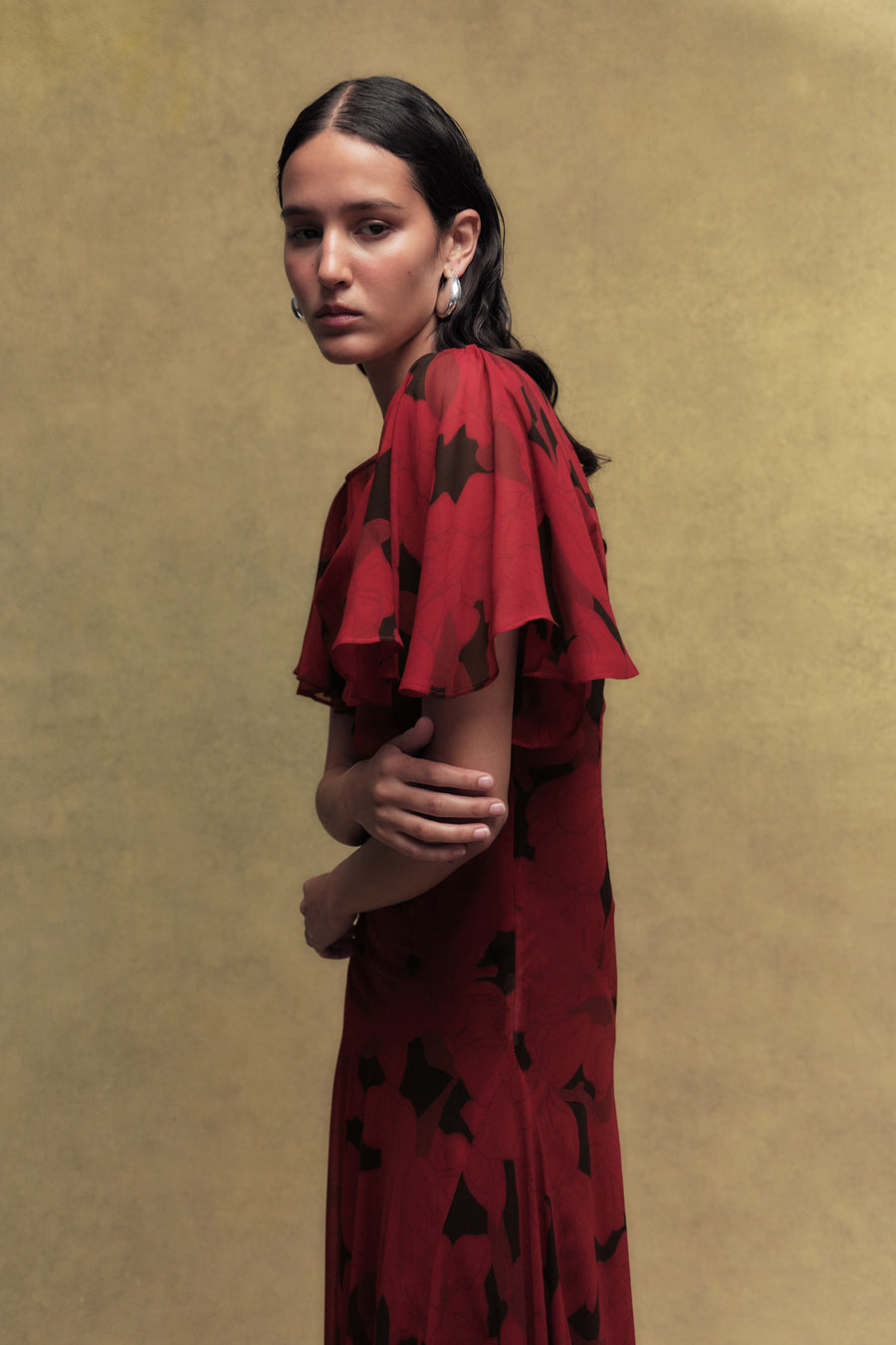 OLIVIA SILK CHIFFON LONG DRESS IN SCARLET MAGNOLIA PRINT