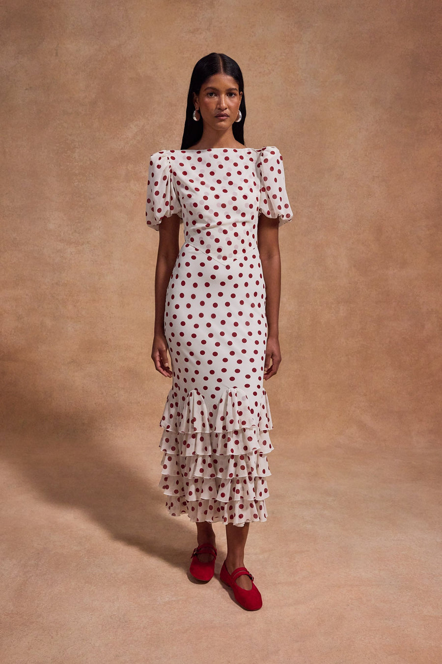 FORTALEZA MIDI DRESS IN IVORY RED POLKADOT CHIFFON