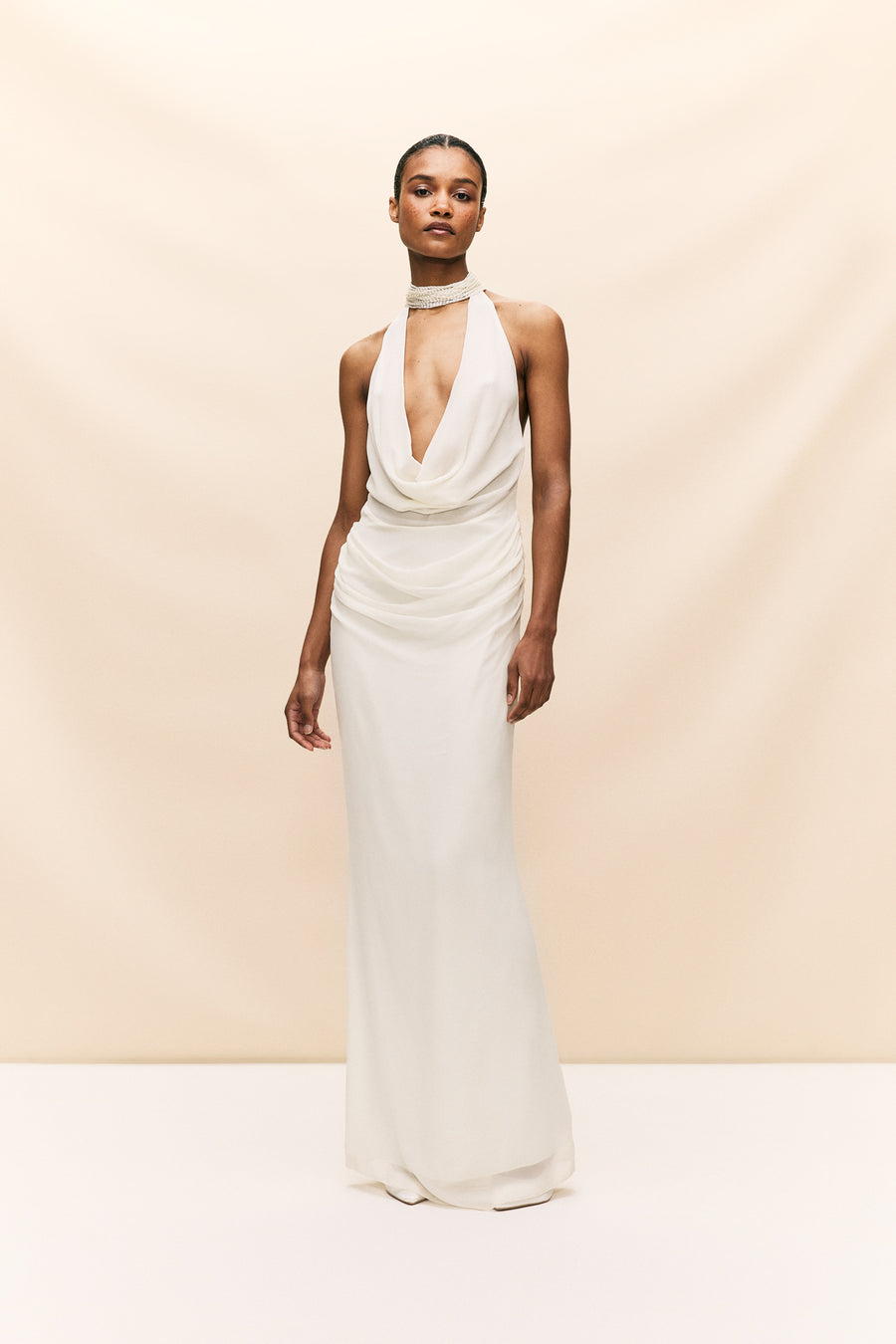 PROFITEROLE MAXI DRESS IN SILK CHIFFON IVORY