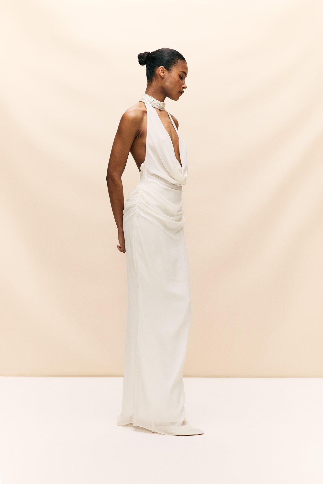 PROFITEROLE MAXI DRESS IN IVORY SILK CHIFFON - De La Vali