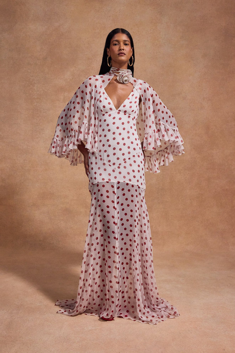 KATJA MAXI DRESS IN IVORY RED POLKADOT SILK CHIFFON