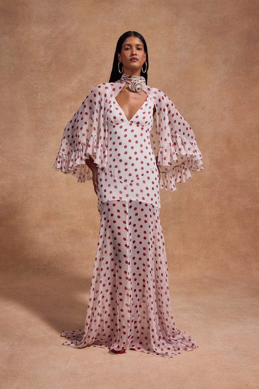 PRECIOSO CAPE IN IVORY RED POLKA DOT SILK CHIFFON