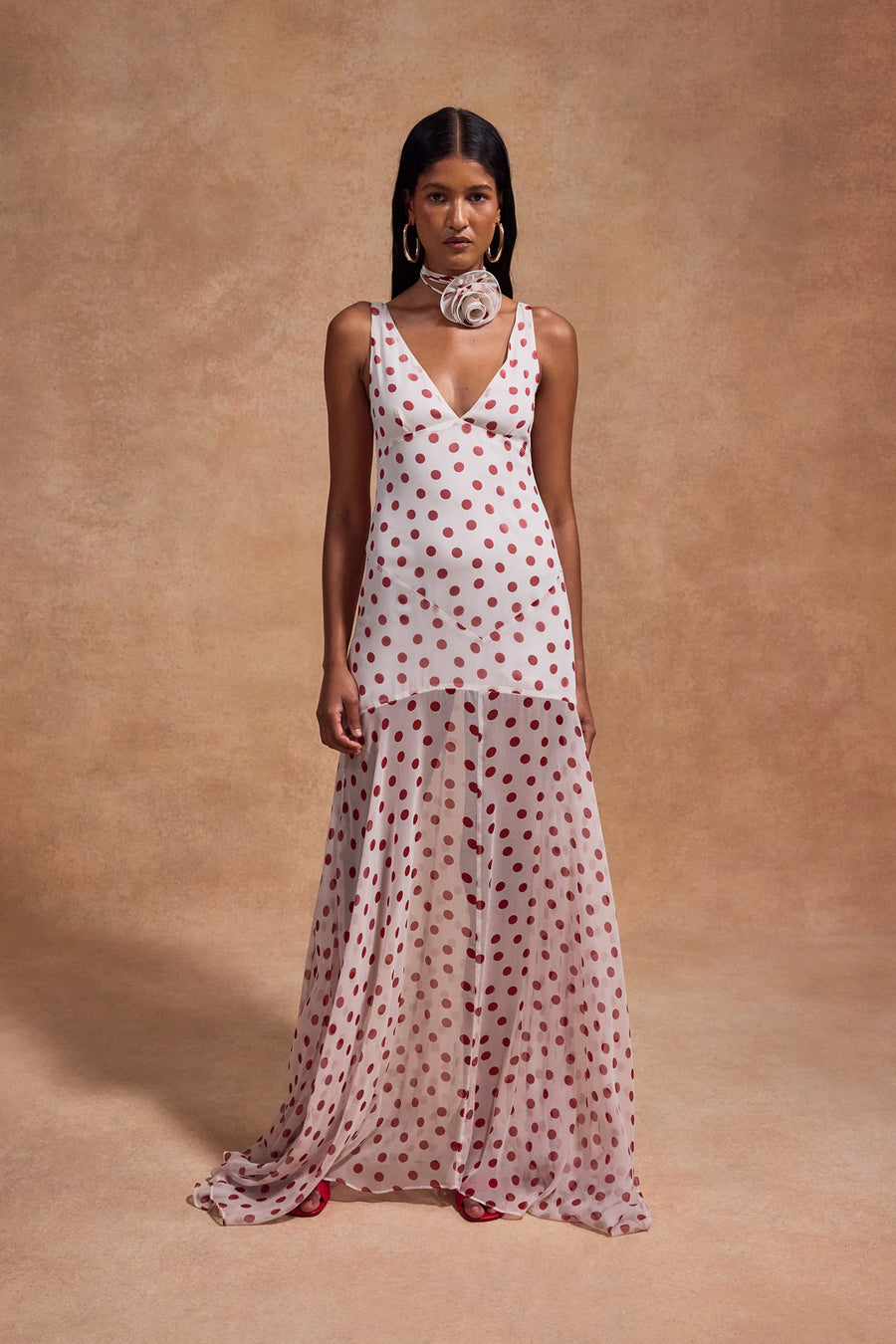KATJA MAXI DRESS IN IVORY RED POLKADOT SILK CHIFFON – DE LA VALI OFFICIAL