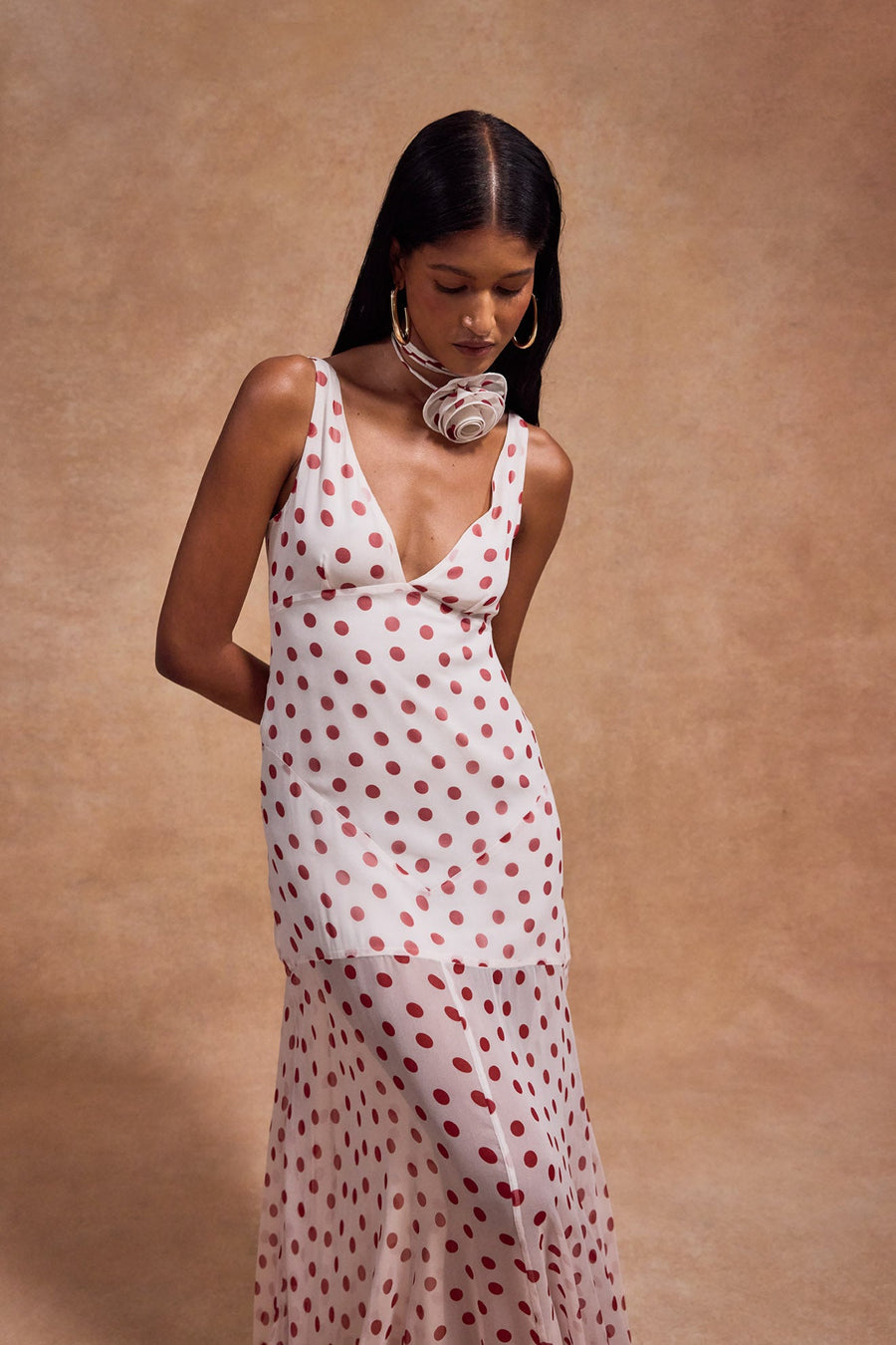 KATJA MAXI DRESS IN IVORY RED POLKADOT SILK CHIFFON