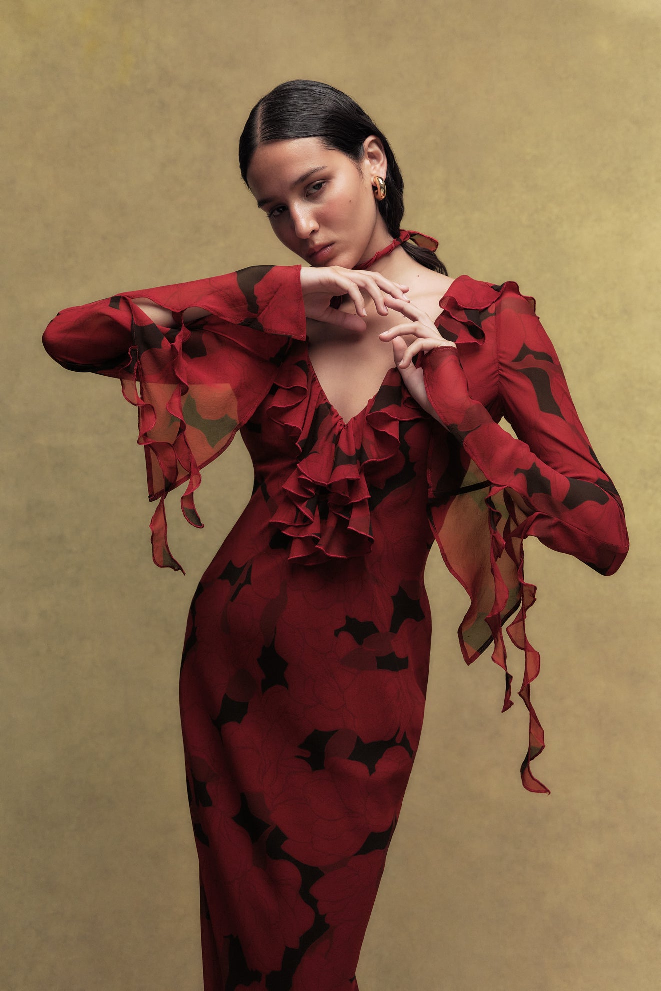 BISCOTTI SILK CHIFFON LONG DRESS IN SCARLET MAGNOLIA PRINT - De La Vali