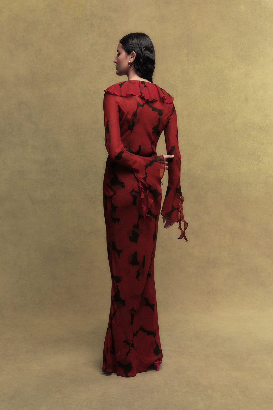 BISCOTTI SILK CHIFFON LONG DRESS IN SCARLET MAGNOLIA PRINT