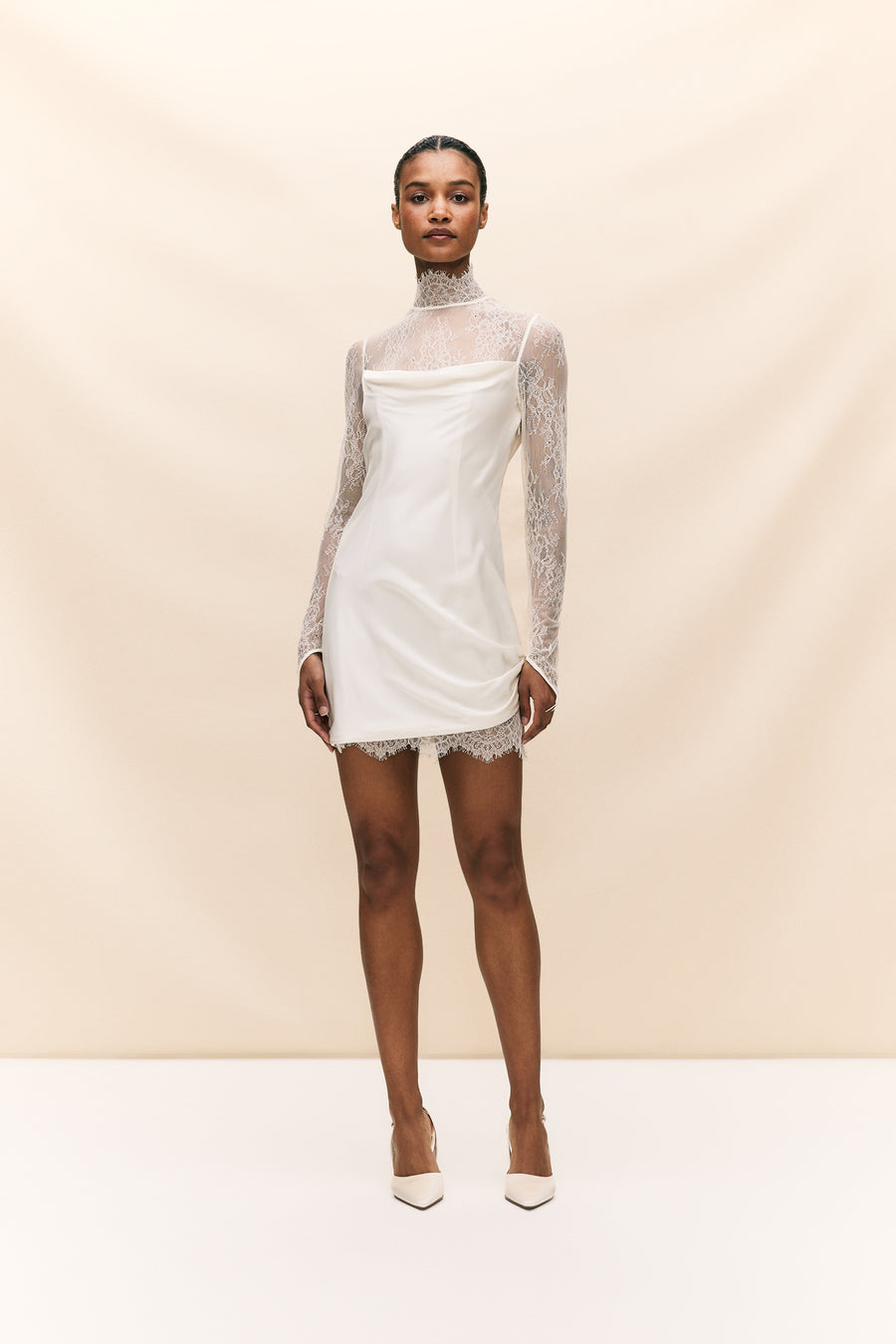 CROISSANT MINI DRESS IN IVORY SILK SATIN AND LACE