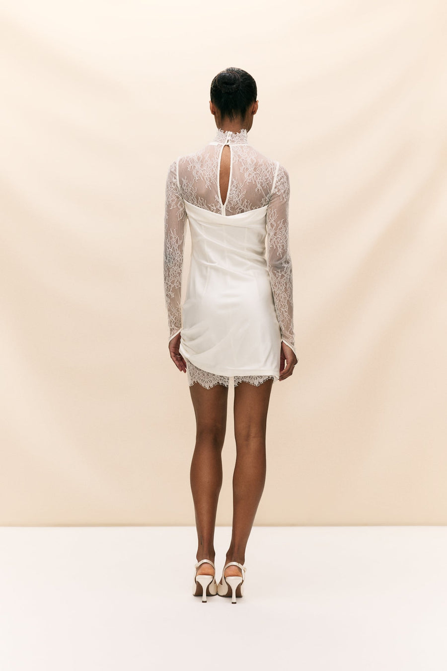 de la vali croissant long sleeve lace mini dress De La Vali Croissant Silk-Satin And Lace Mini Dress in White