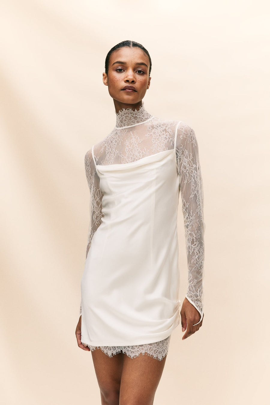CROISSANT MINI DRESS IN IVORY SILK SATIN AND LACE DE LA VALI OFFICIAL CROISSANT MINI DRESS IN IVORY SILK SATIN AND LACE DE LA VALI OFFICIAL
