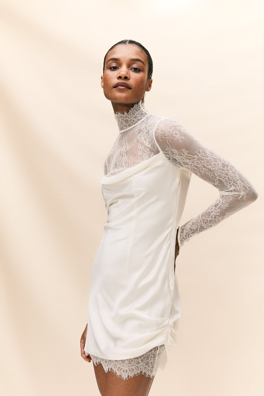 CROISSANT MINI DRESS IN IVORY SILK SATIN AND LACE