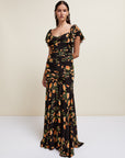 SEVILLIA MAXI DRESS IN BLACK & RED FLOR DE AMOR SILK CHIFFON