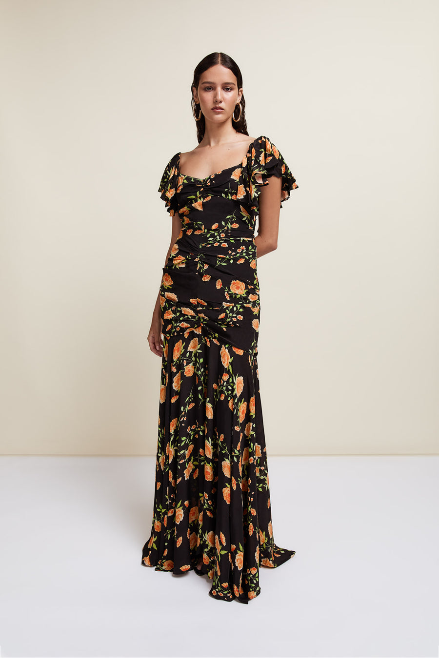 SEVILLIA MAXI DRESS IN BLACK & RED FLOR DE AMOR SILK CHIFFON