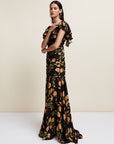 SEVILLIA MAXI DRESS IN BLACK & RED FLOR DE AMOR SILK CHIFFON