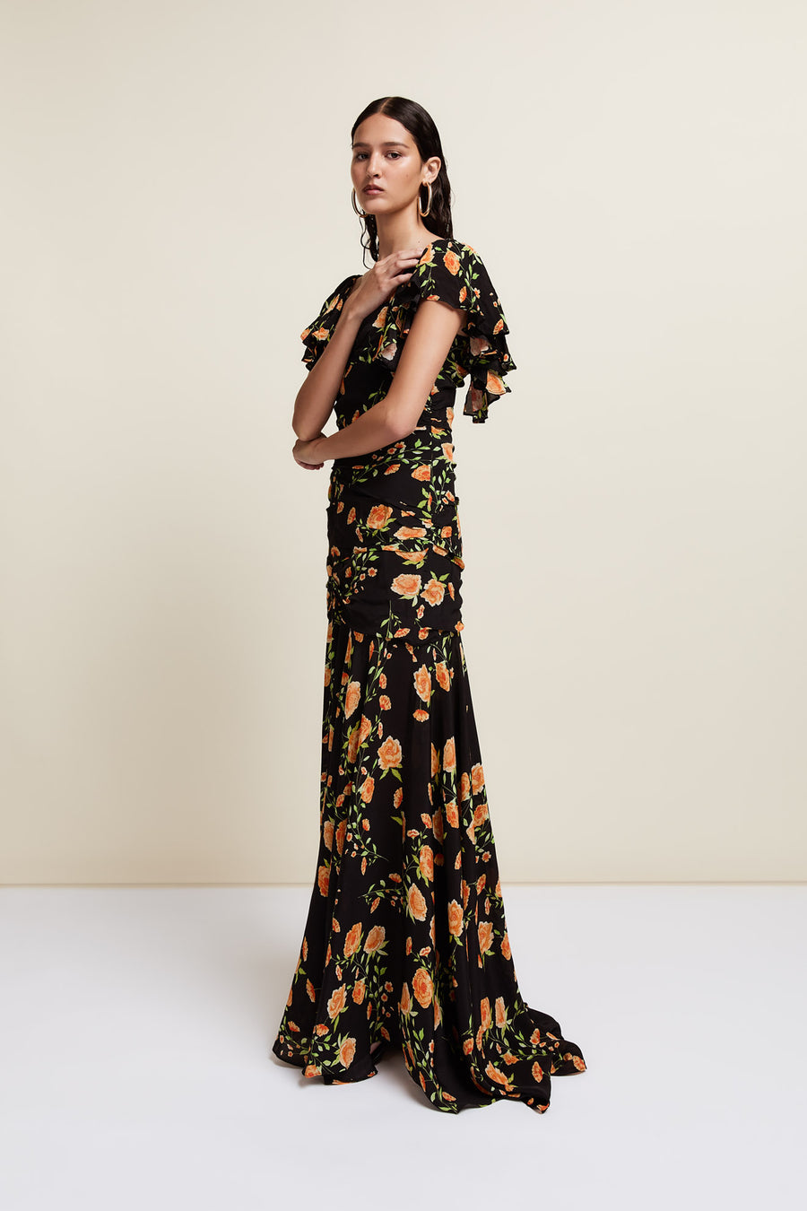 SEVILLIA MAXI DRESS IN BLACK & RED FLOR DE AMOR SILK CHIFFON
